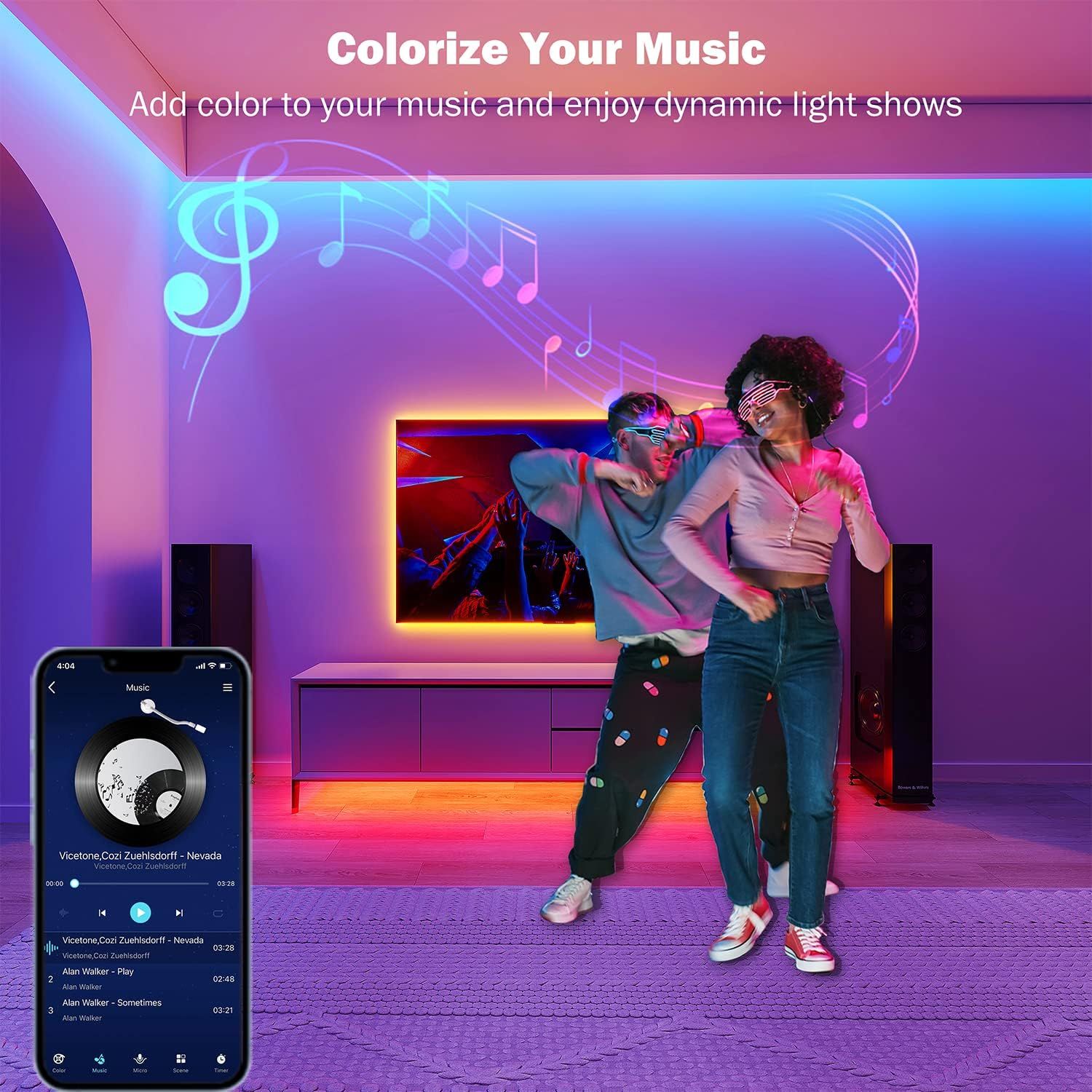 Demonstrates the product's ability to create colorful, music-synchronized ambient lighting effects to enhance the entertainment experience and create an…