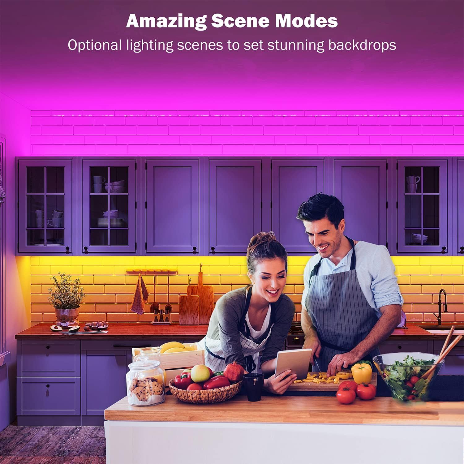 Demonstrates the product's ability to create customizable lighting scenes and stunning ambient backdrops, showing how it can transform a kitchen environment…