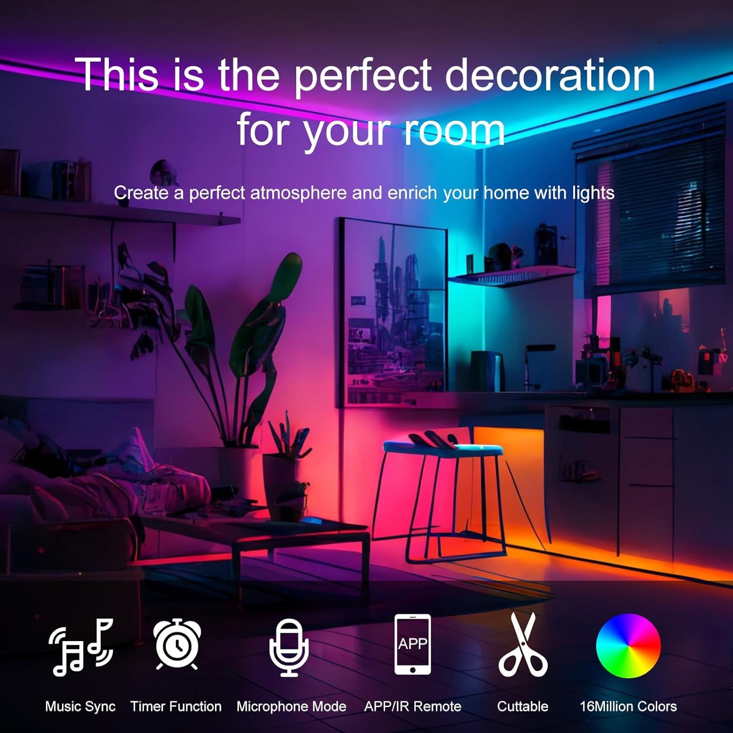 Showcases multiple distinct features of the LED lighting product in a segmented icon layout to demonstrate versatility and functionality, reassuring shoppers…