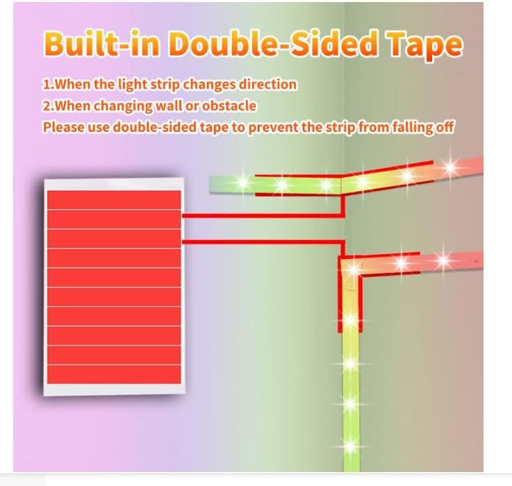 Instructs shoppers on when and how to use the built-in double-sided tape to secure LED light strips at direction changes and obstacles, preventing the strip…