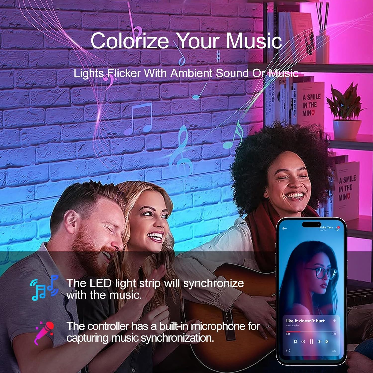 Communicates that the LED light strip syncs with music and includes a controller with a built-in microphone for capturing ambient sound, emphasizing the…