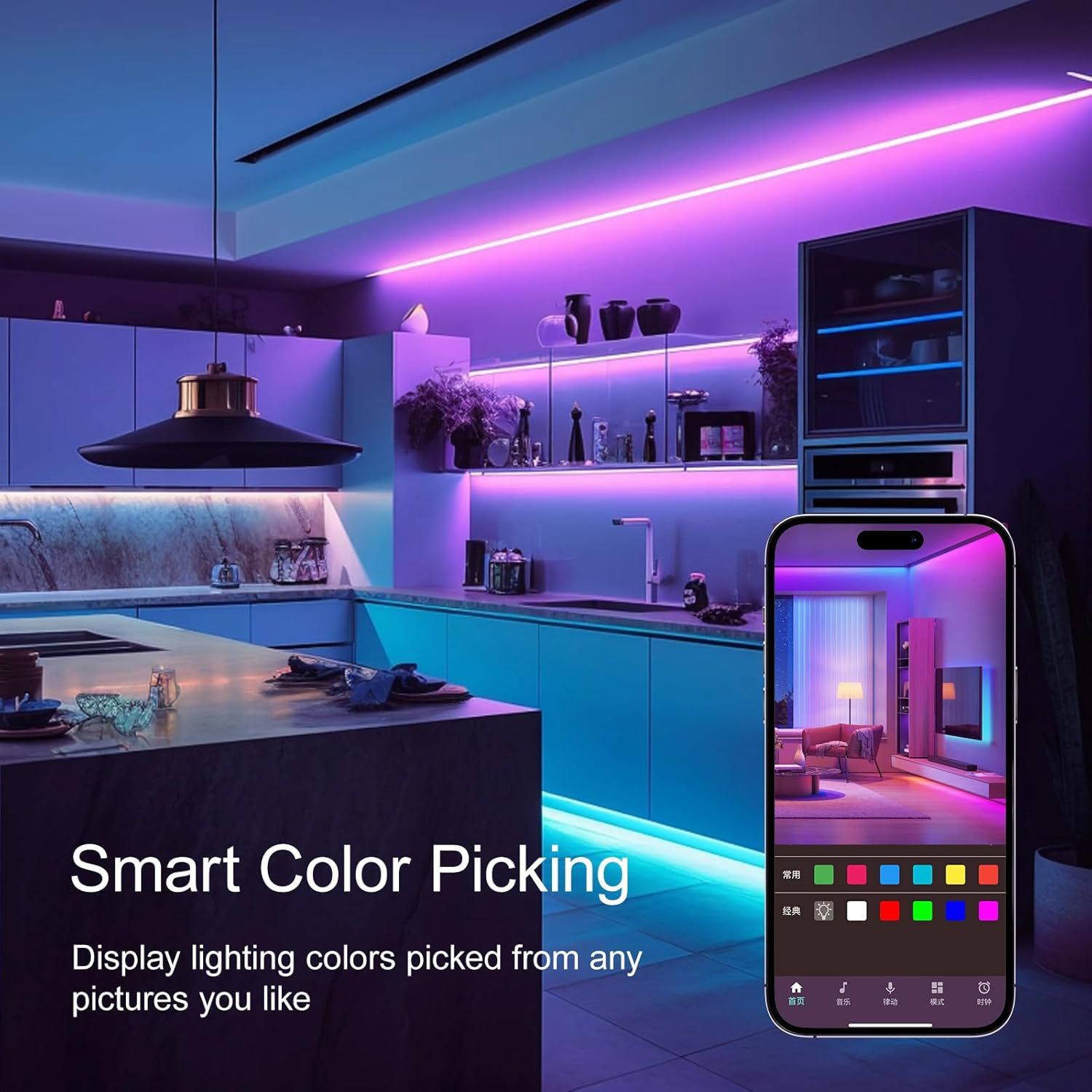 Demonstrates the smart lighting system's ability to pick and display colors from any photo using a mobile app, showing shoppers the customization and control…