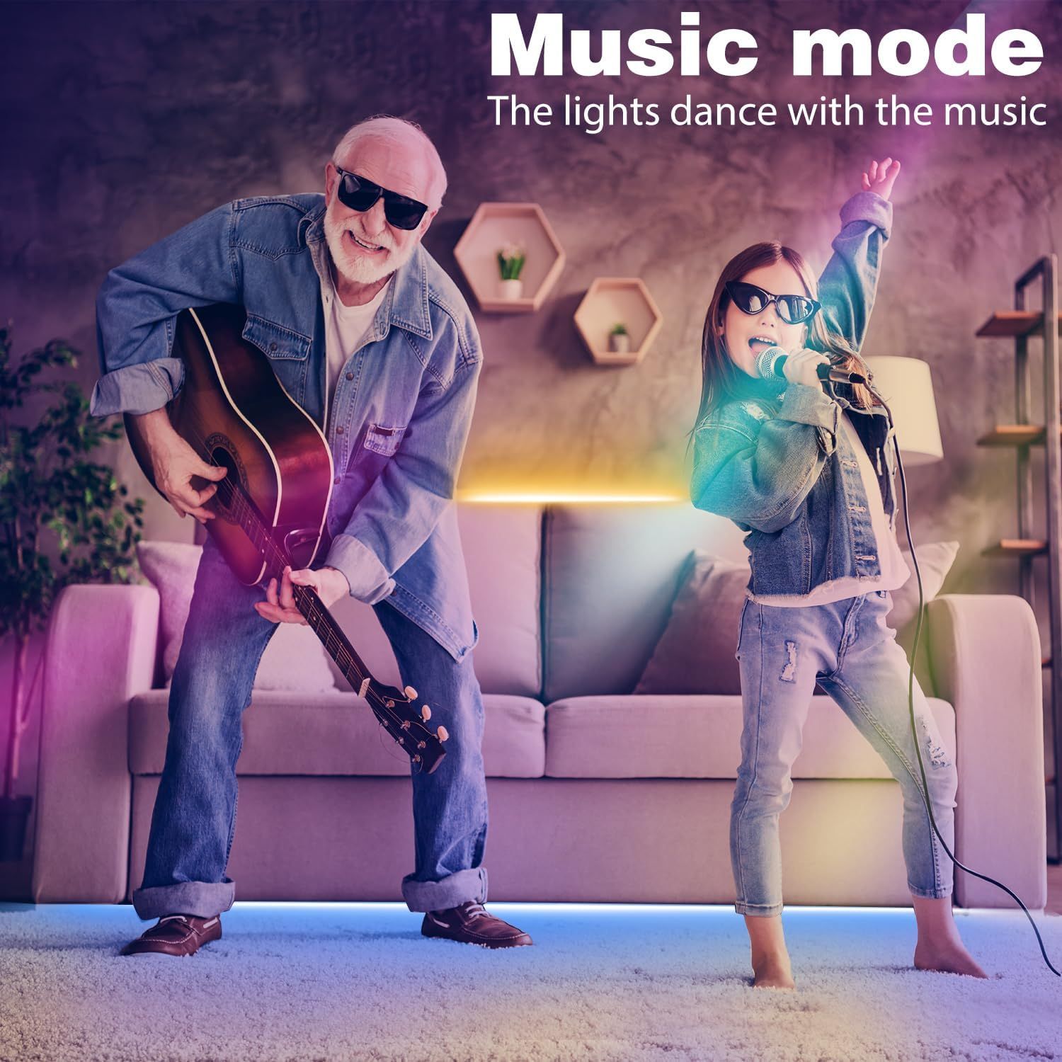 Demonstrates the product's music-reactive lighting feature, showing how the lights create an entertaining, dynamic atmosphere that responds to music,…