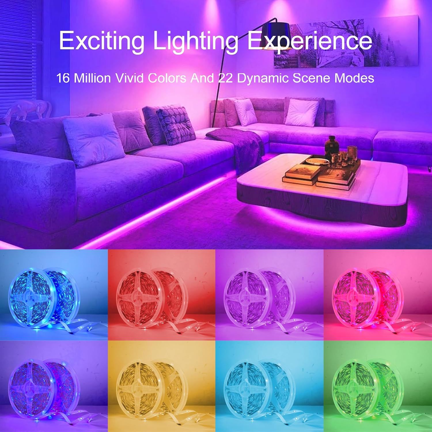 Demonstrates the LED strip lighting product's versatility and customization options by showcasing multiple vivid color options and dynamic scene capabilities…