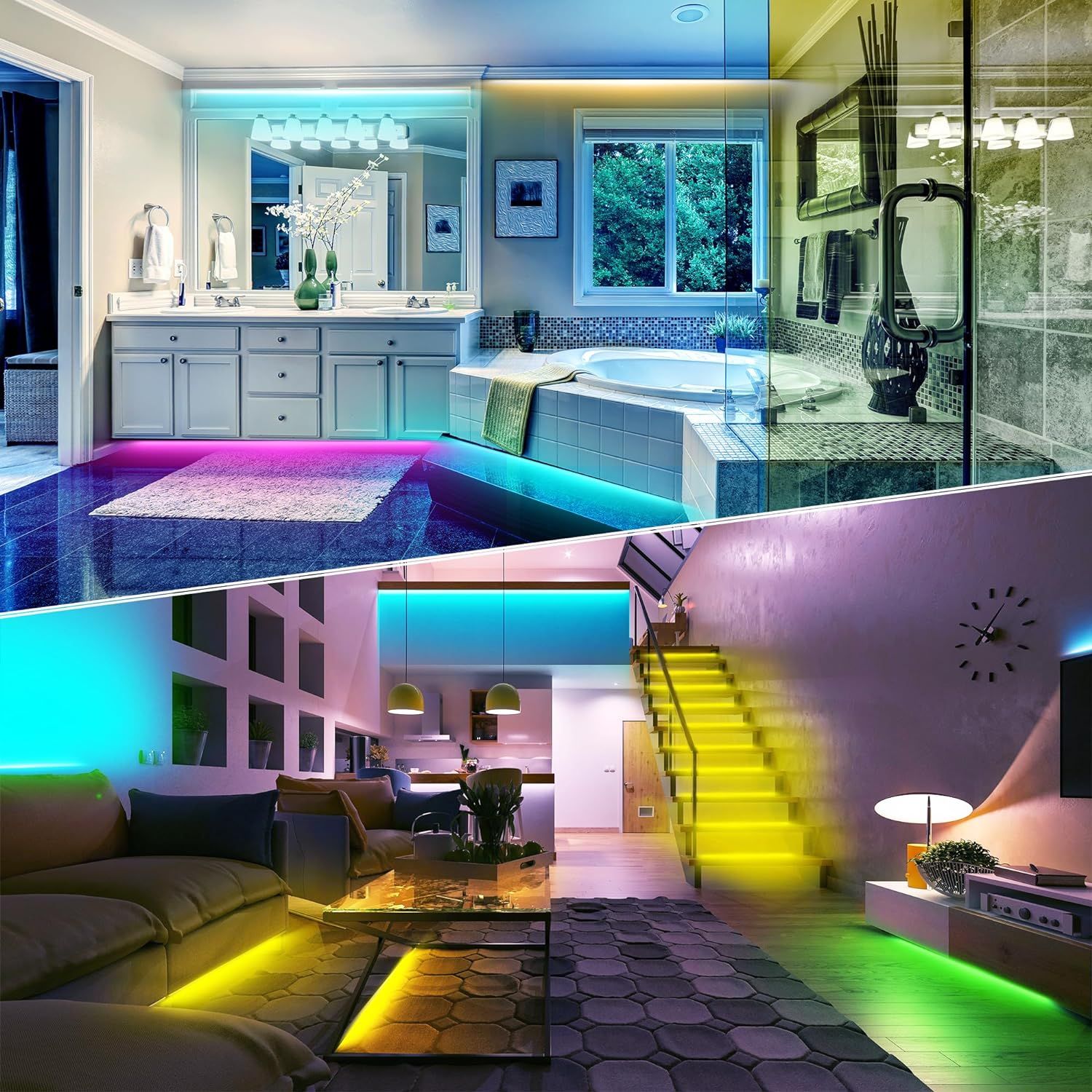 Showcases the product (likely LED lighting strips or smart home lighting system) in real-world residential settings to demonstrate how it enhances home ambiance and aesthetics across multiple rooms.