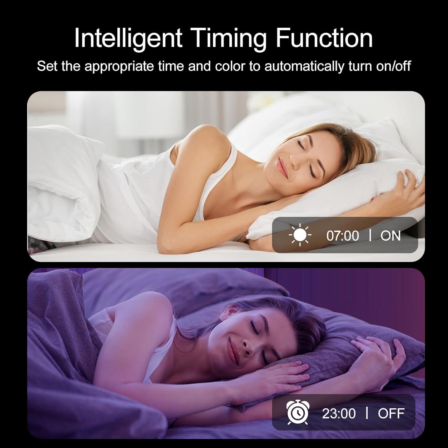 Demonstrates the product's smart timer feature that allows users to schedule automatic on/off times and color settings, emphasizing convenience and automation…