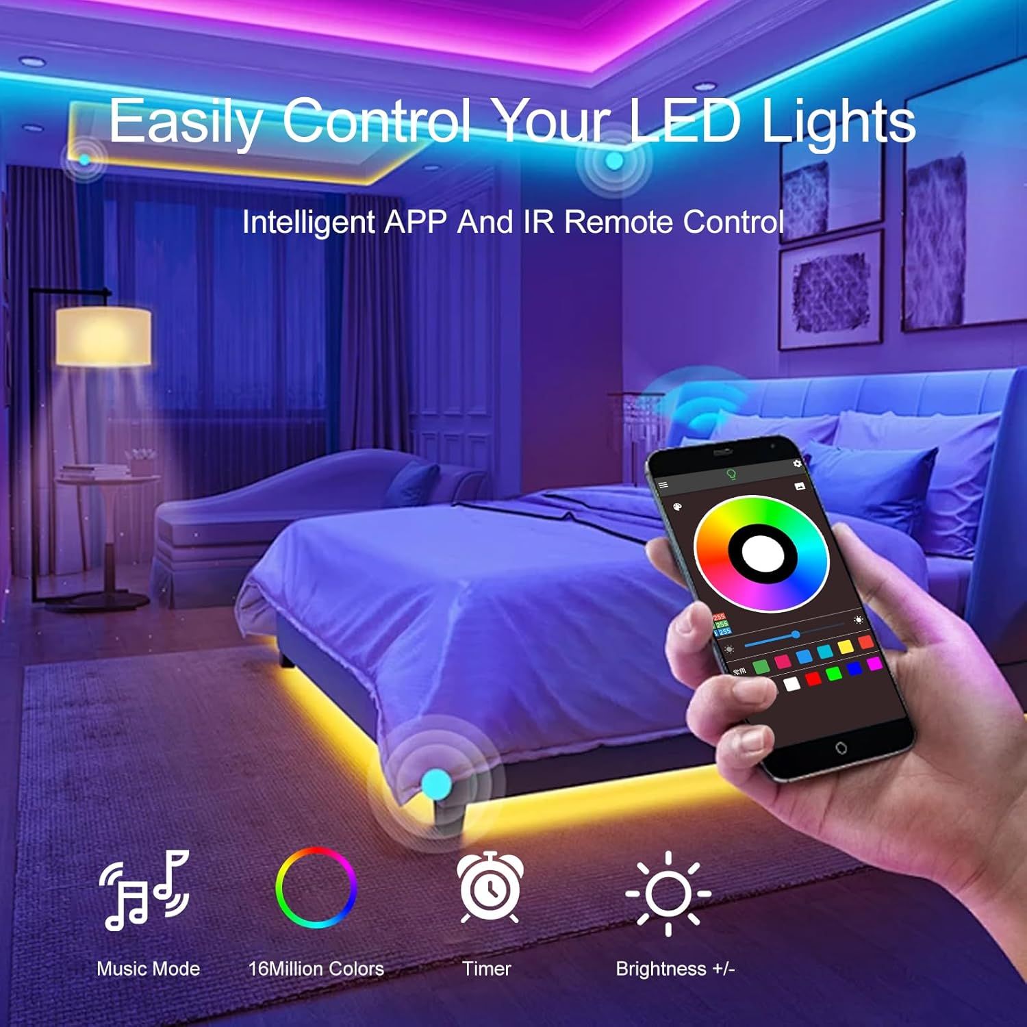 Demonstrates the multiple control features and customization options available for the LED lights, reassuring shoppers of the product's versatility and ease…