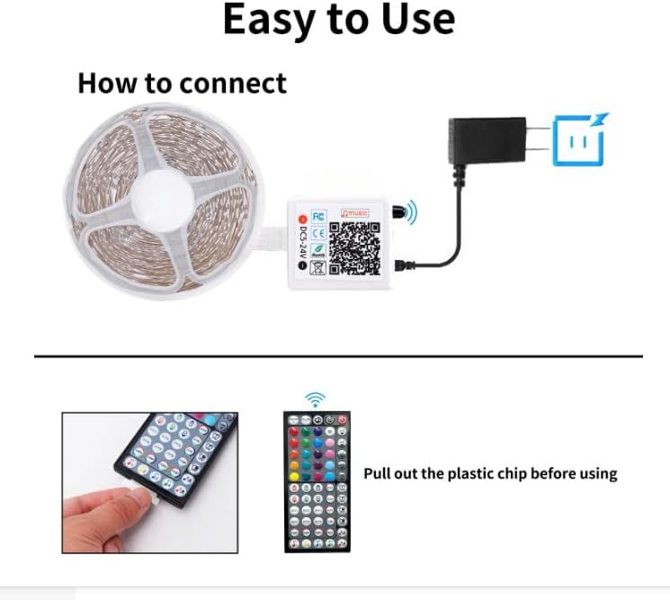 Demonstrates how to connect and set up the LED strip light system, including plugging in the controller and preparing the remote control for use. Reassures…