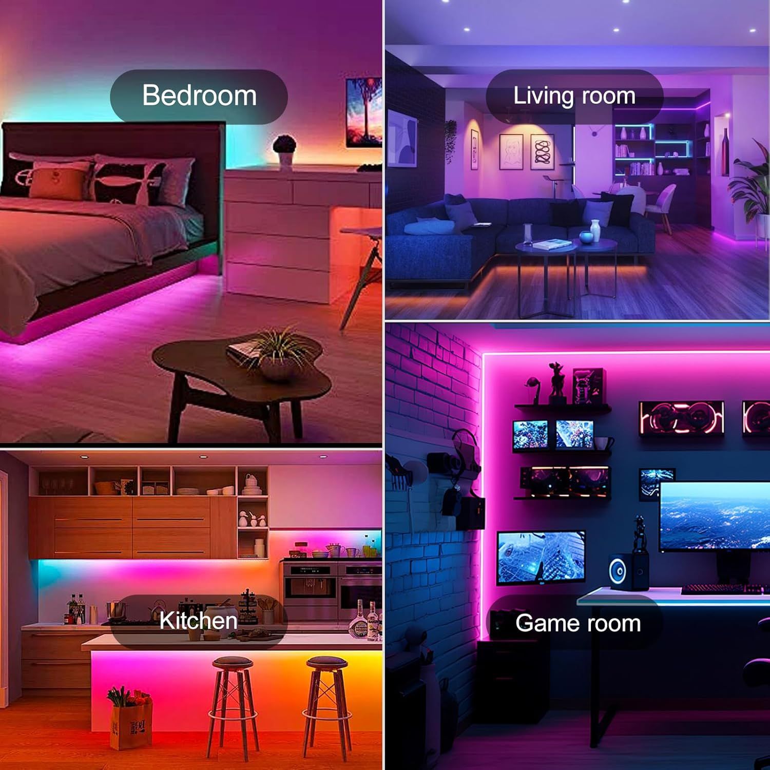 Demonstrates the versatility of the LED lighting product by showing it installed and working effectively in four different room types, reassuring shoppers…