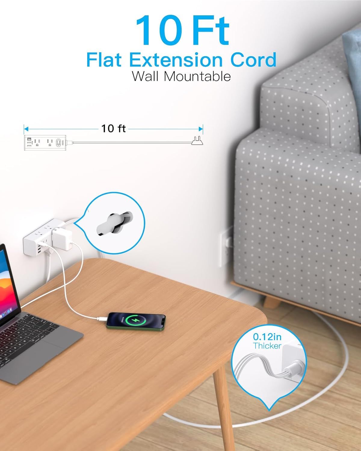 Communicates multiple key benefits of the extension cord: its 10-foot reach, wall-mountable convenience, and ultra-thin flat design that makes it easy to…