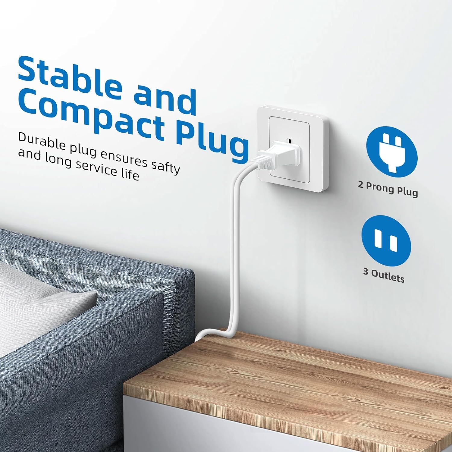 Communicates multiple benefits of the power strip including its stable compact plug design, durability, safety, long service life, and the fact it has 2 prong…