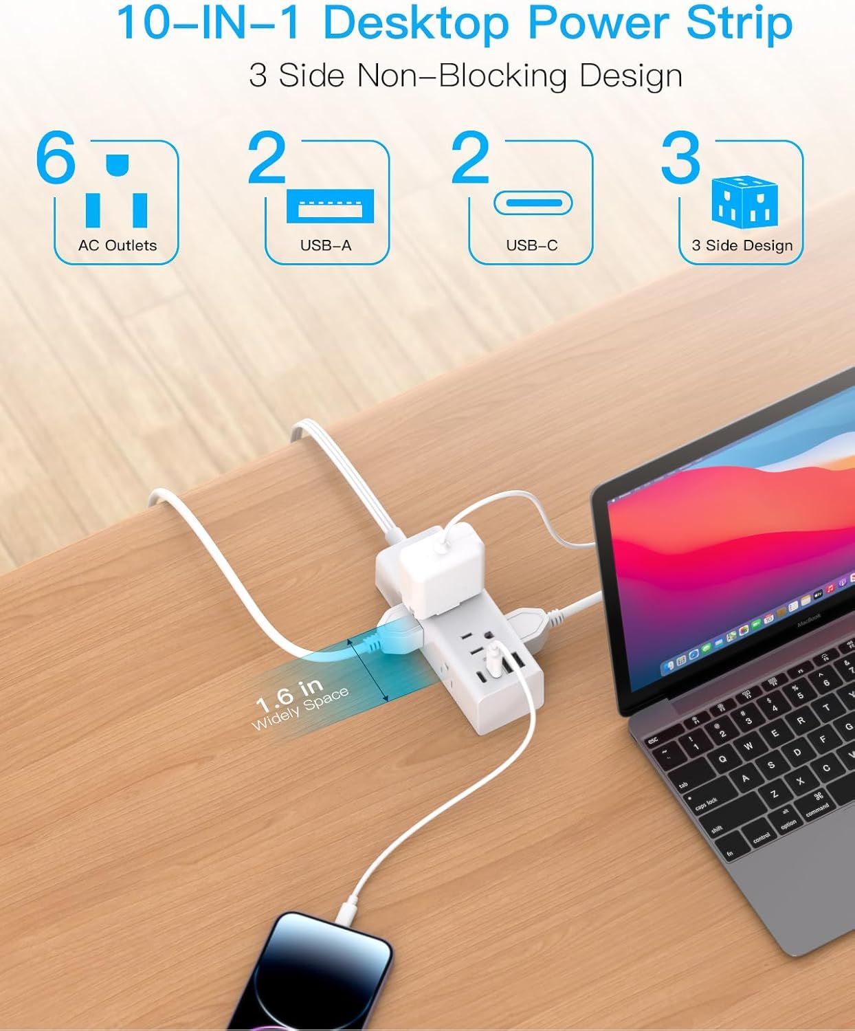 Communicates the power strip's versatility and convenience by highlighting multiple key features: the total number of outlets (6 AC, 2 USB-A, 2 USB-C), the…