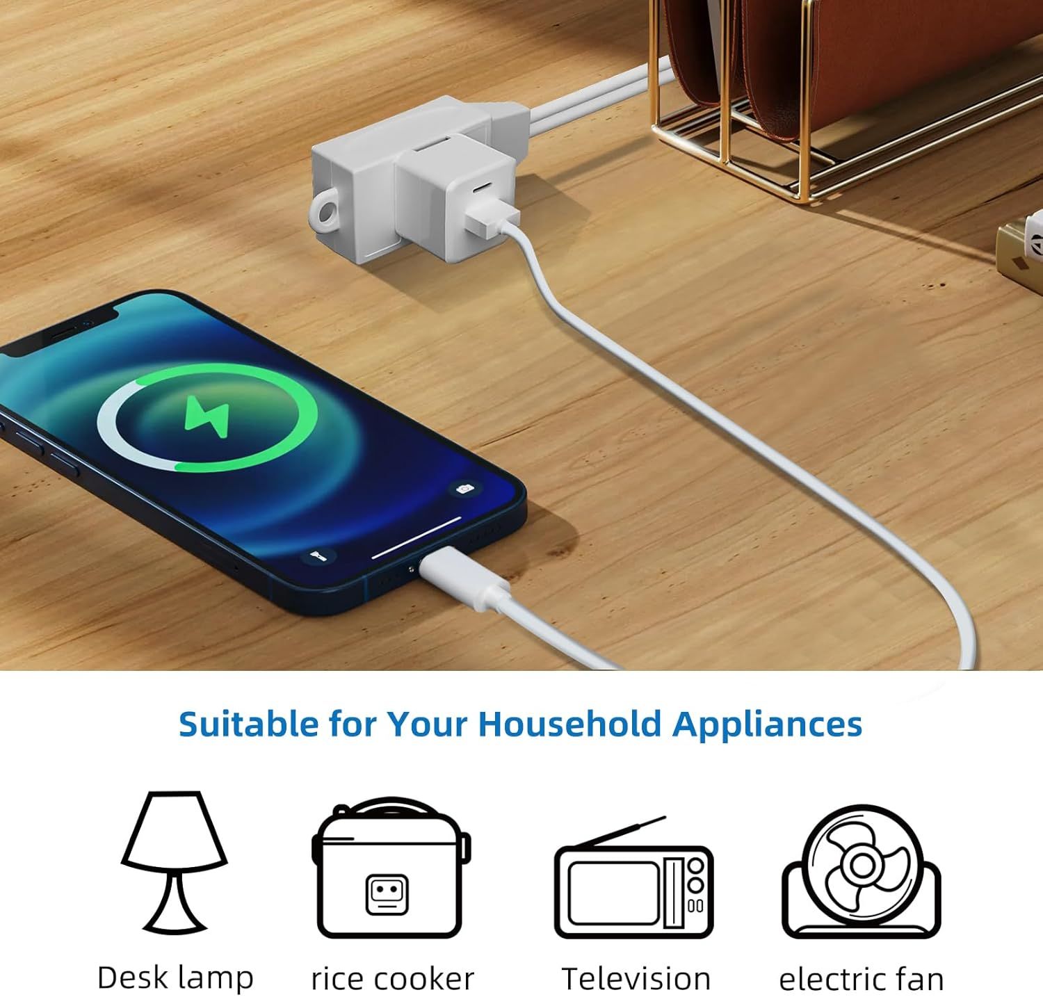 Demonstrates the versatility of the charging adapter by showing it can power multiple household appliances (desk lamp, rice cooker, television, electric fan),…