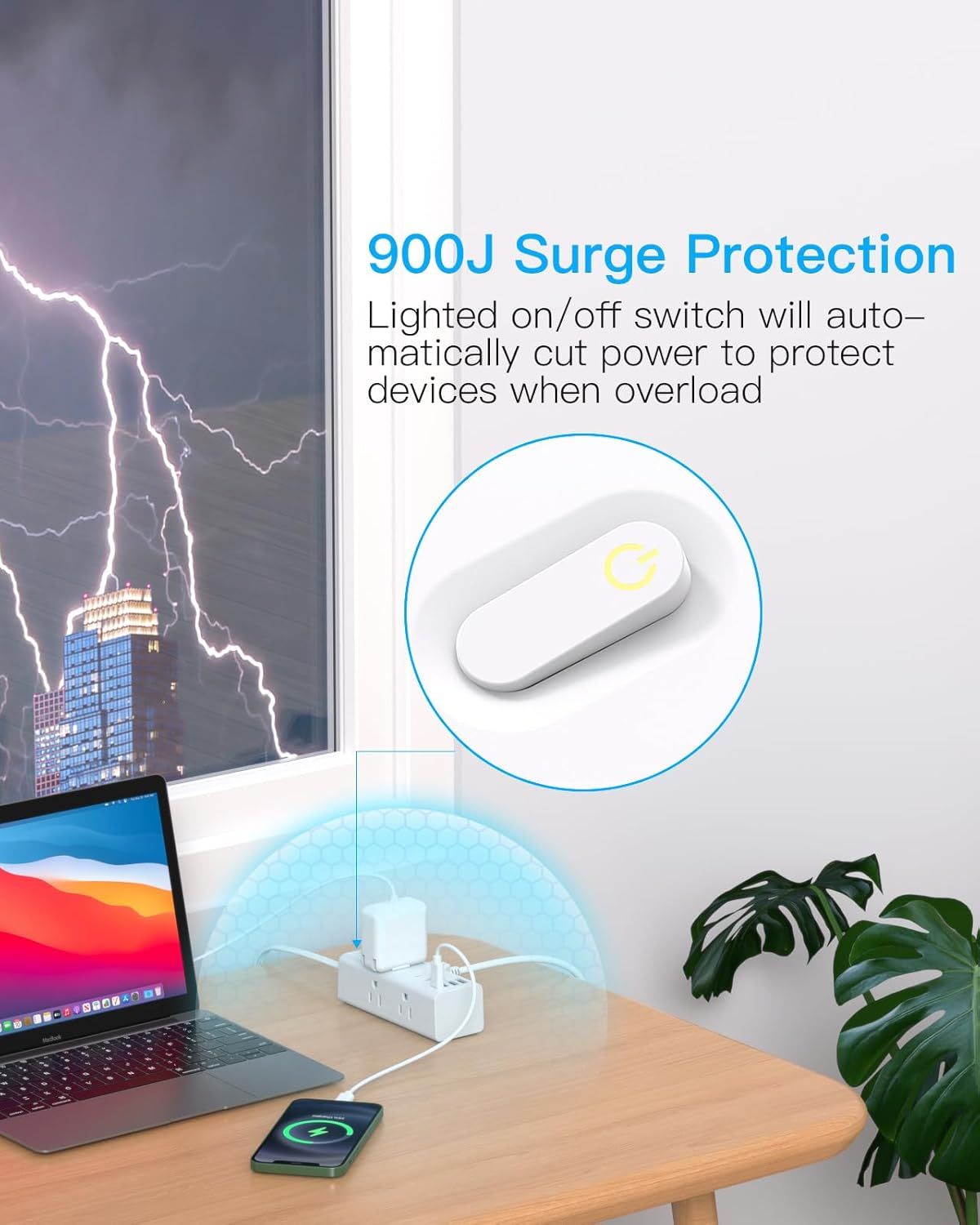 Communicates the product's surge protection capability and automatic power cutoff feature to reassure shoppers that their devices will be protected during…