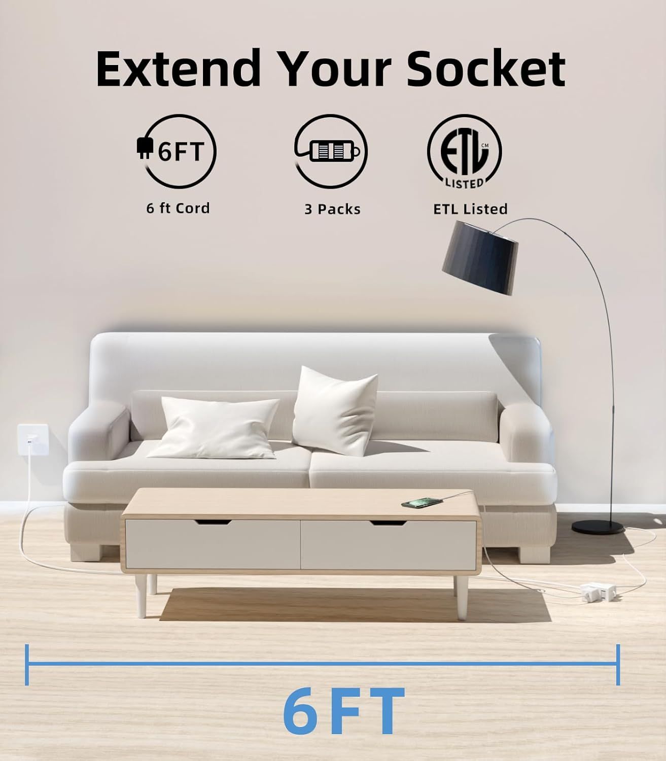 Communicates multiple key product features including cord length, pack quantity, and safety certification to help shoppers understand the value and…