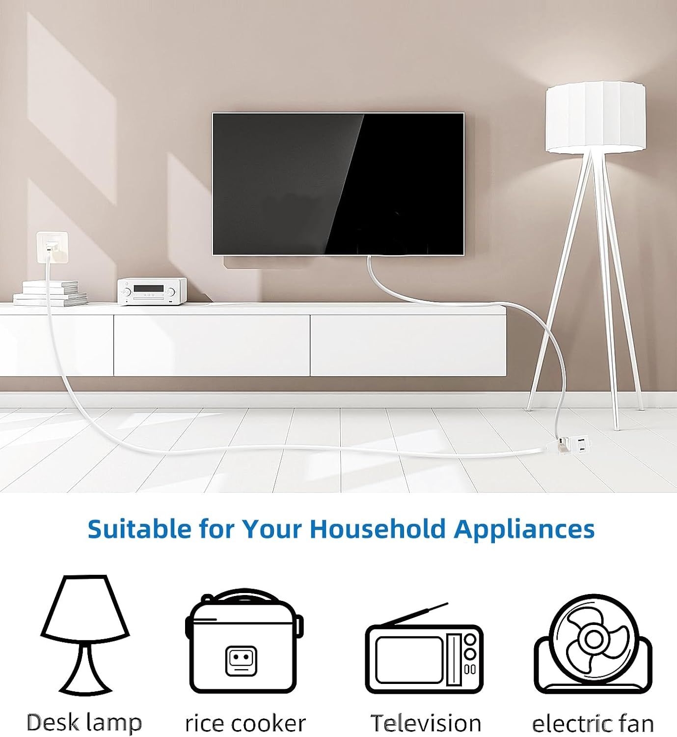 Demonstrates the product's versatility by showing it can be used with multiple household appliances including desk lamps, rice cookers, televisions, and…