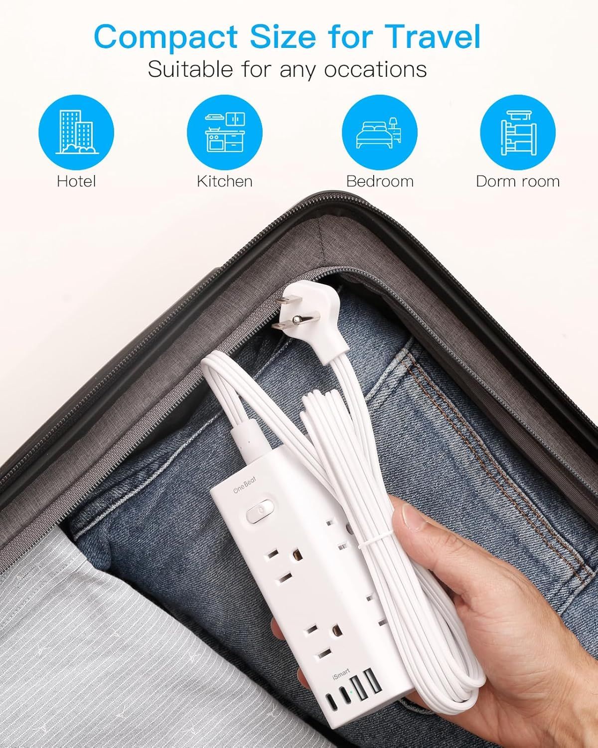 Demonstrates the product's versatility by showing it can be used in multiple locations (hotel, kitchen, bedroom, dorm room), emphasizing its compact,…