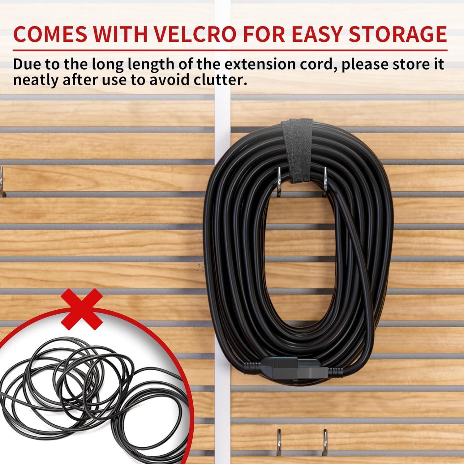 Shows that the extension cord comes with a Velcro strap for easy, organized storage, helping shoppers understand what's included and how to keep the long cord tidy. Demonstrates the benefit of the…