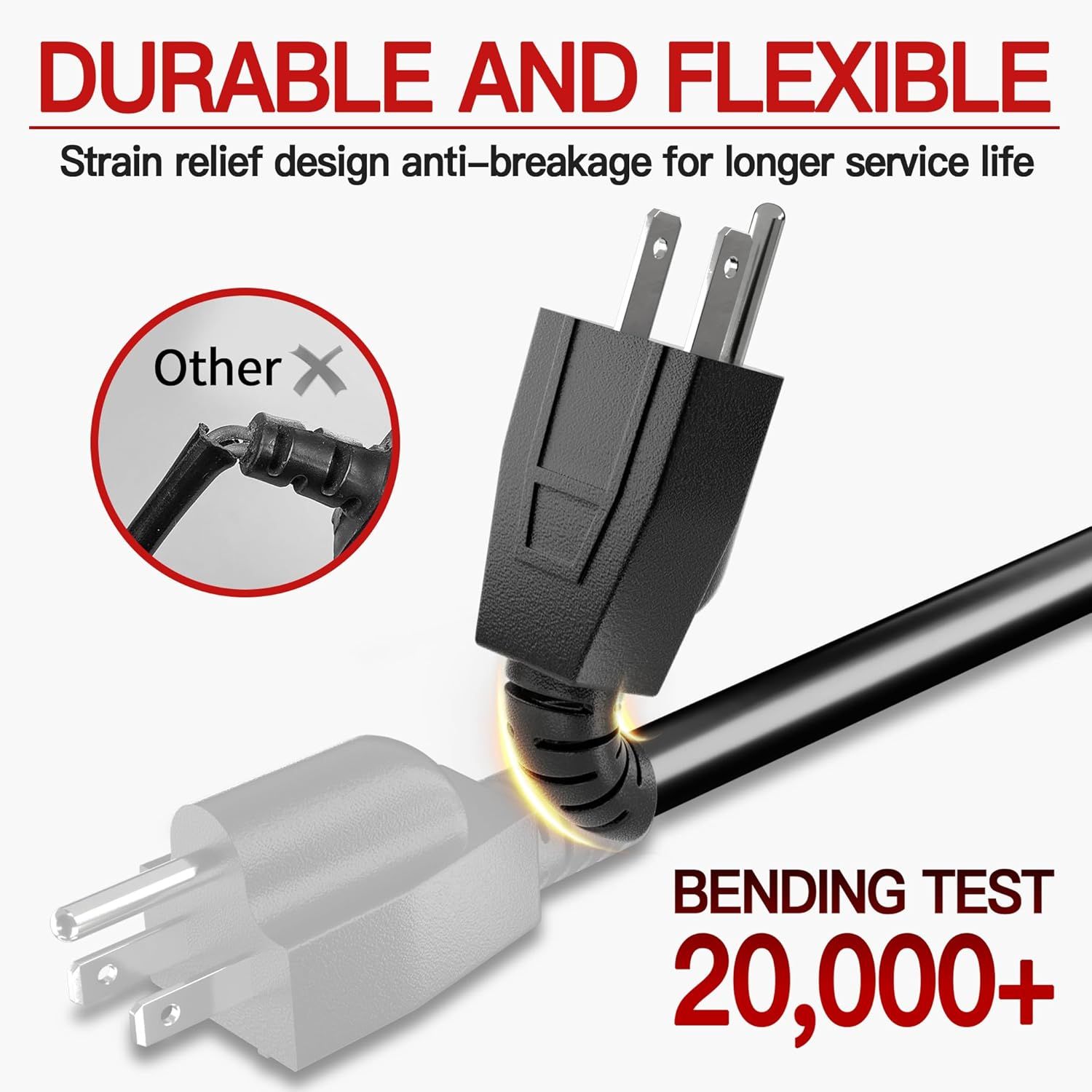 Demonstrates the product's superior durability by comparing its strain relief design to a broken competitor cable, reassuring shoppers of longer service life…