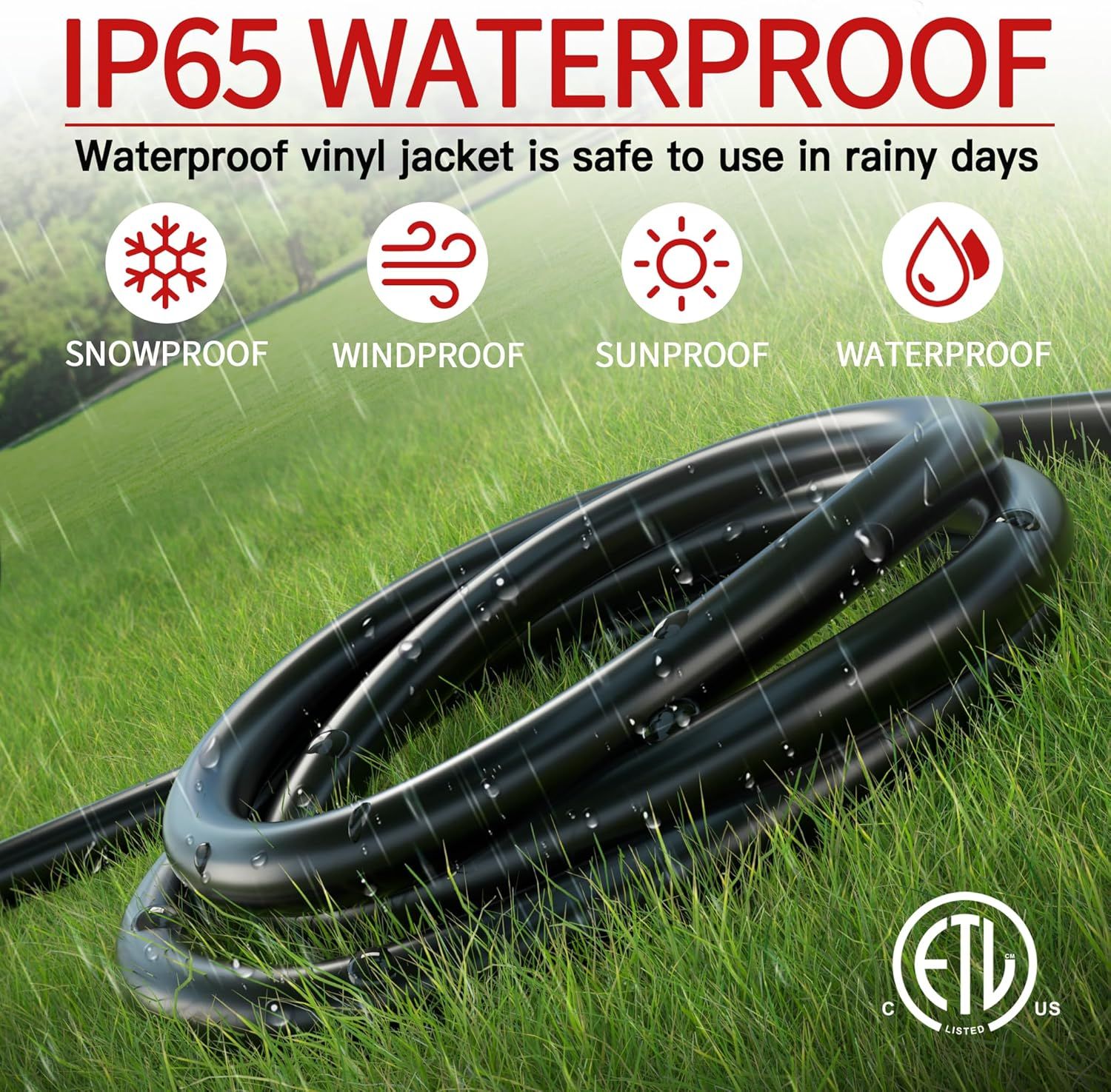 Communicates the product's all-weather durability and protection across multiple environmental conditions, reassuring shoppers it can be safely used outdoors year-round. Highlights the product's…