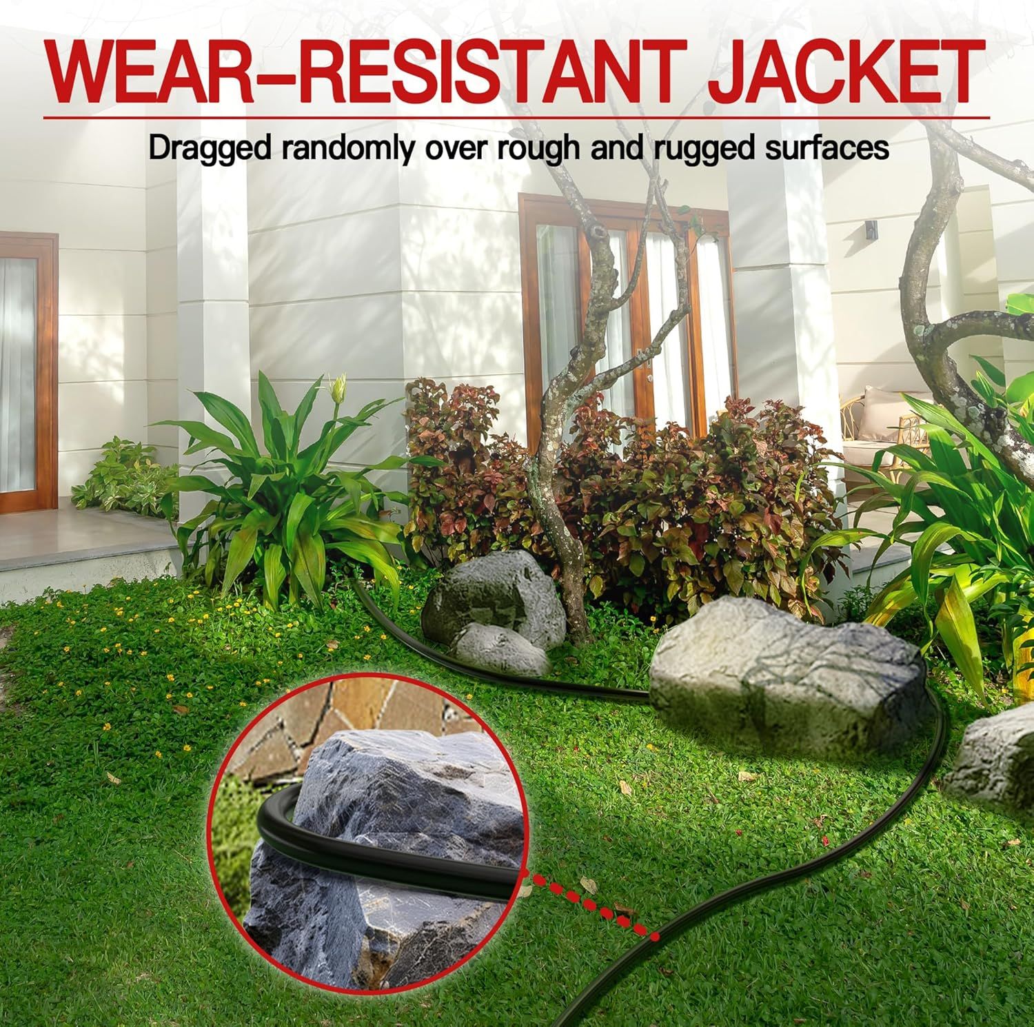 Demonstrates the cable's durability by showing it can withstand being dragged over rough and rugged surfaces without damage, reassuring shoppers of its…