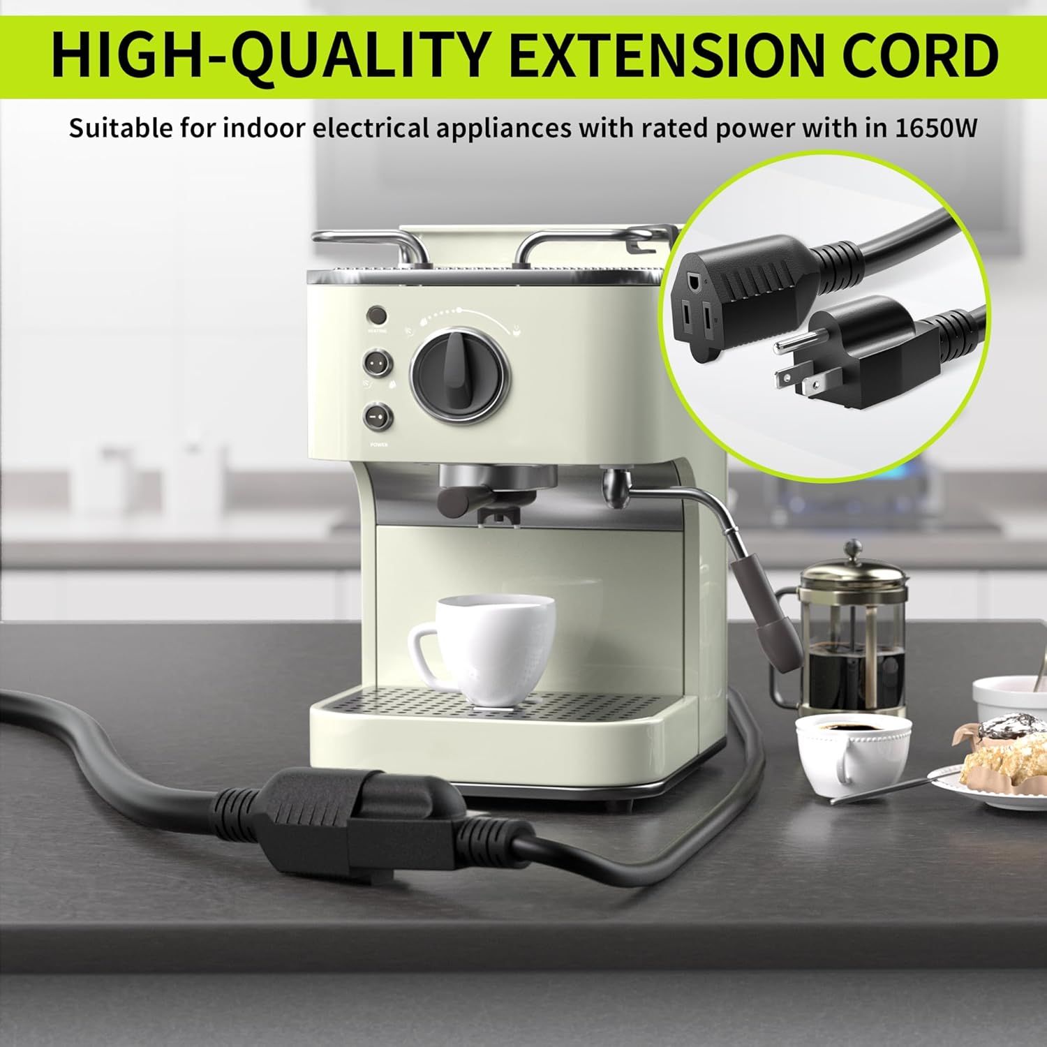 Communicates that this extension cord is high-quality and suitable for indoor electrical appliances up to 1650W, reassuring shoppers about its safety and…