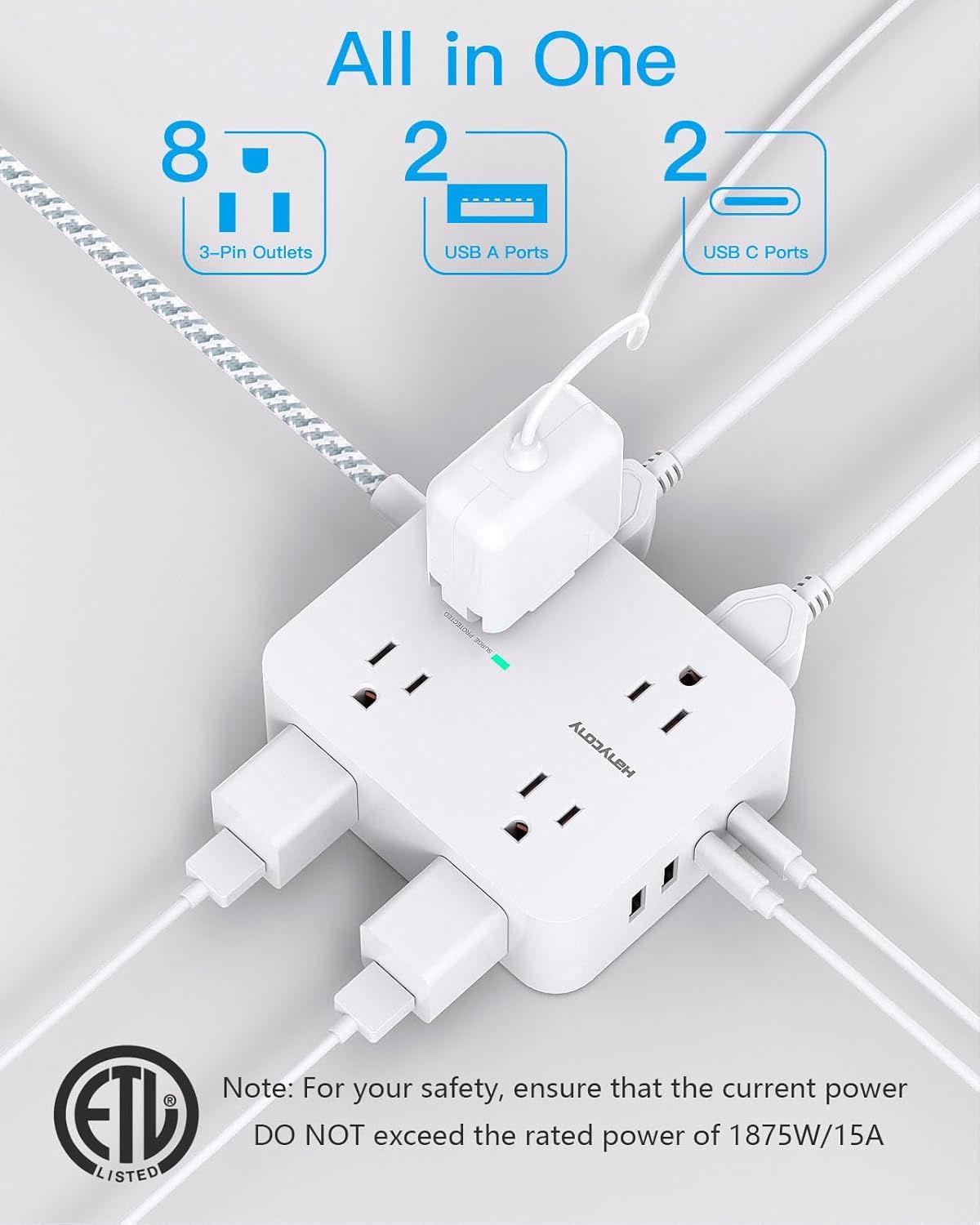 Communicates the all-in-one versatility of the power strip by highlighting its multiple outlet and port options, reassuring shoppers they can charge and power…