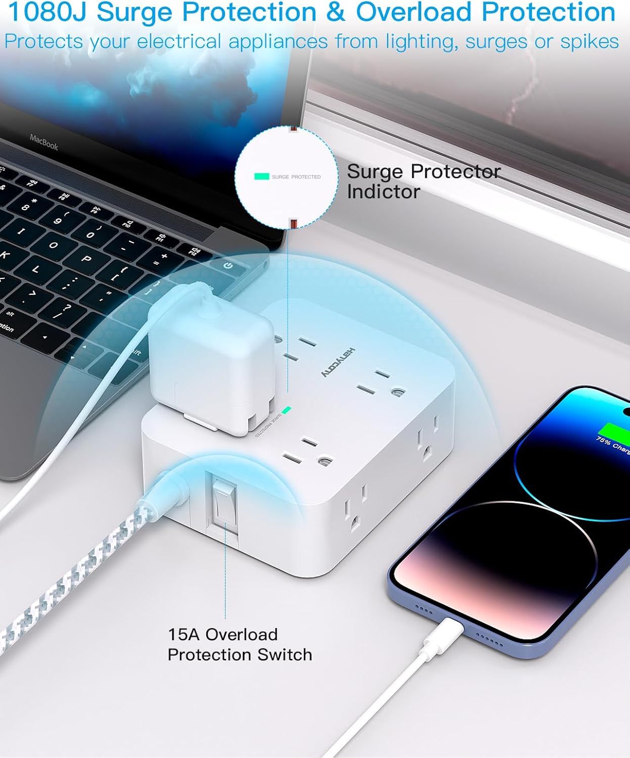 Highlights the product's key safety components—the surge protector indicator and overload protection switch—to reassure shoppers that their devices are…