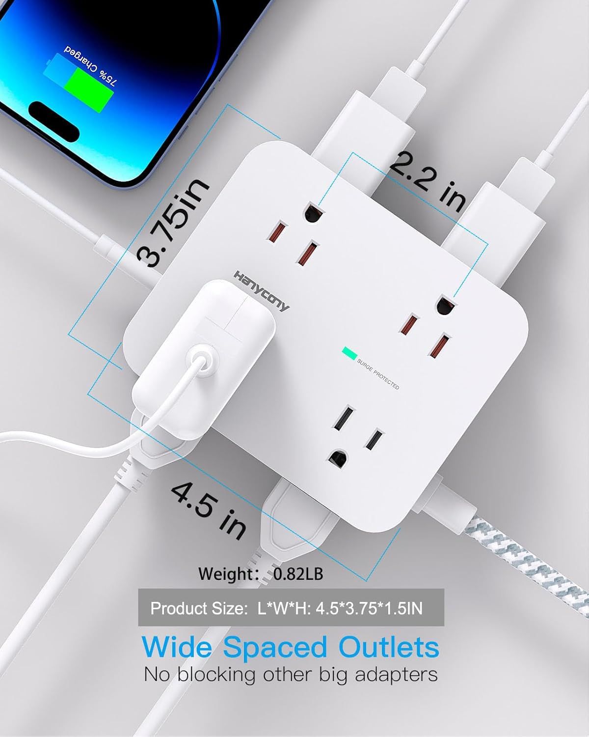 Communicates the physical dimensions and weight of the power strip to help shoppers understand its compact, portable size and that it won't take up much…