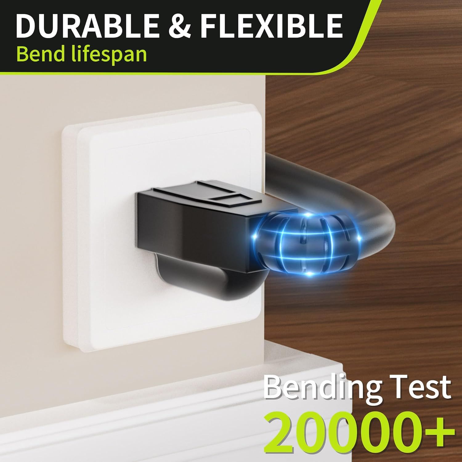 Communicates the product's exceptional durability and flexibility by highlighting that it has passed 20,000+ bending tests, reassuring shoppers of its…