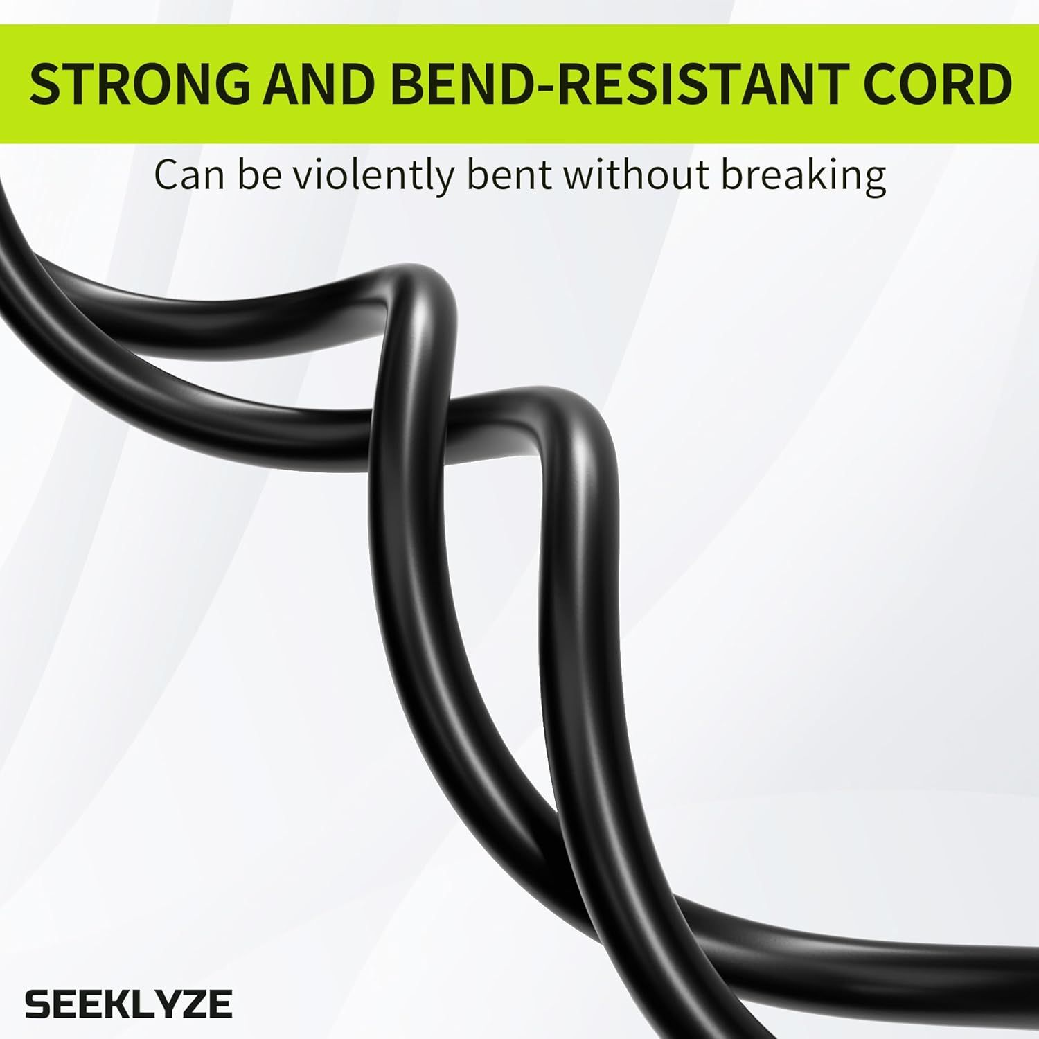 Demonstrates the cord's flexibility and durability by showing it bent without breaking, reassuring shoppers that the product can withstand rough handling and…