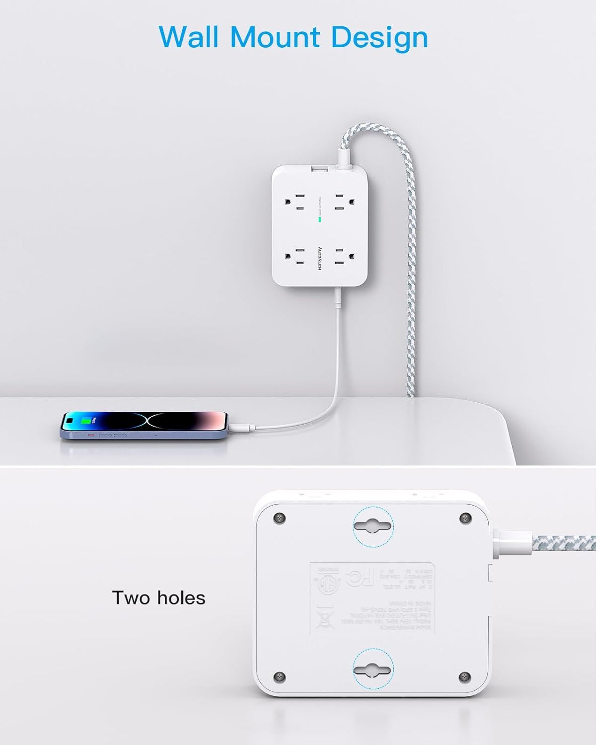 Demonstrates the product's wall-mountable design feature, showing how the power strip can be conveniently mounted on a wall to save space and keep charging…