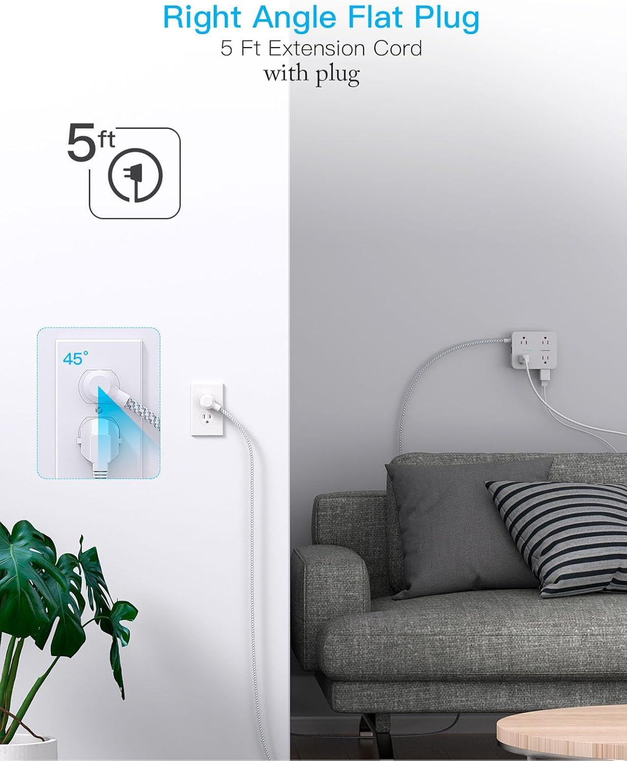 Communicates multiple benefits of the extension cord including its right-angle flat plug design, 5-foot length, and space-saving functionality in a real-world…