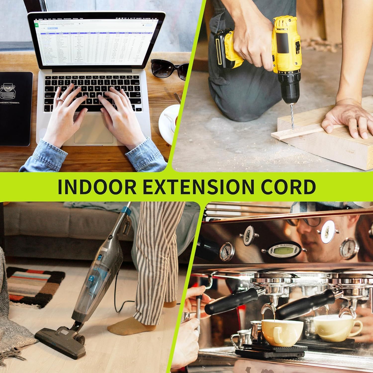 Demonstrates the extension cord's versatility by showing it can be used in multiple indoor scenarios including office work, DIY projects, cleaning, and…