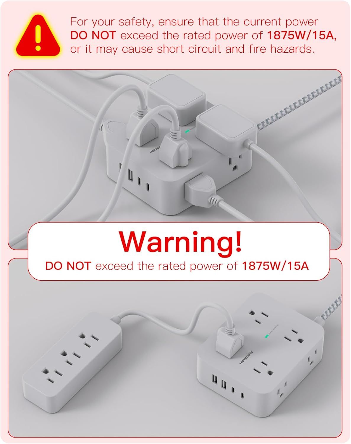 Communicates critical safety information about the product's maximum power rating (1875W/15A) to prevent short circuits and fire hazards, reassuring shoppers about safe usage limits. Highlights the…