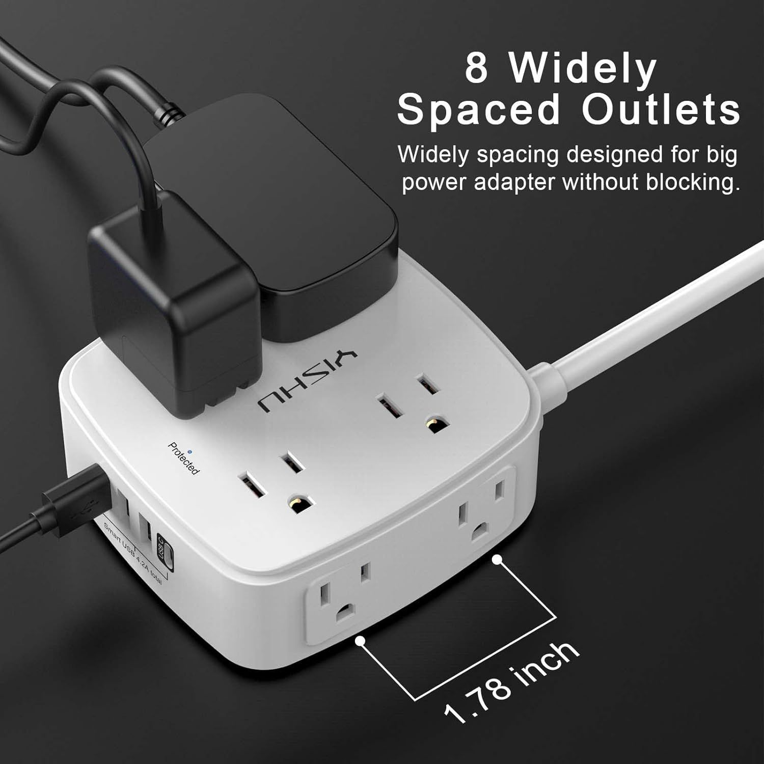 Communicates the 1.78 inch spacing between outlets to reassure shoppers that large power adapters can fit without blocking adjacent outlets. Highlights the…