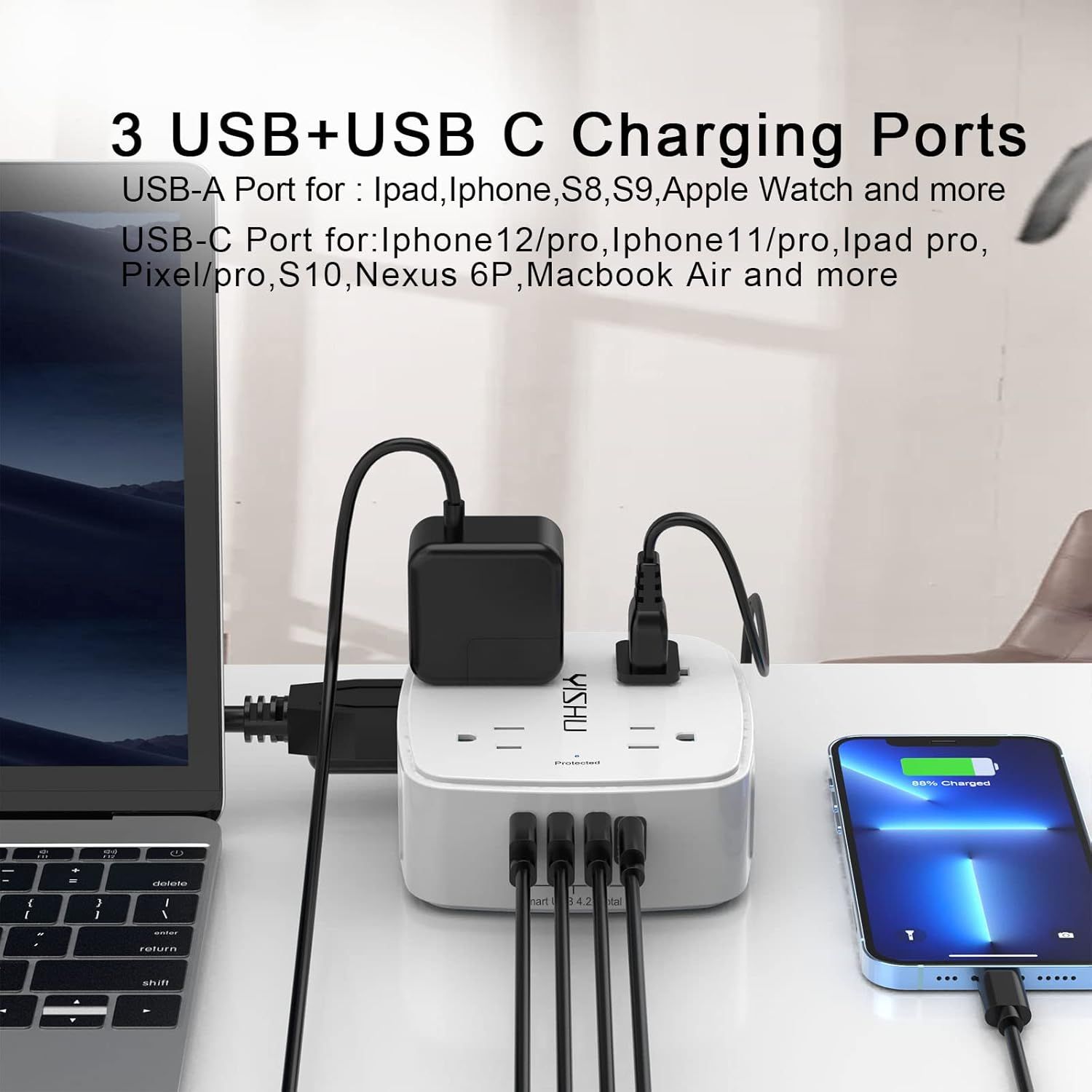 Demonstrates the product's compatibility with multiple devices (iPhone, iPad, Samsung, Pixel, Macbook, Apple Watch) and shows the versatility of having both…