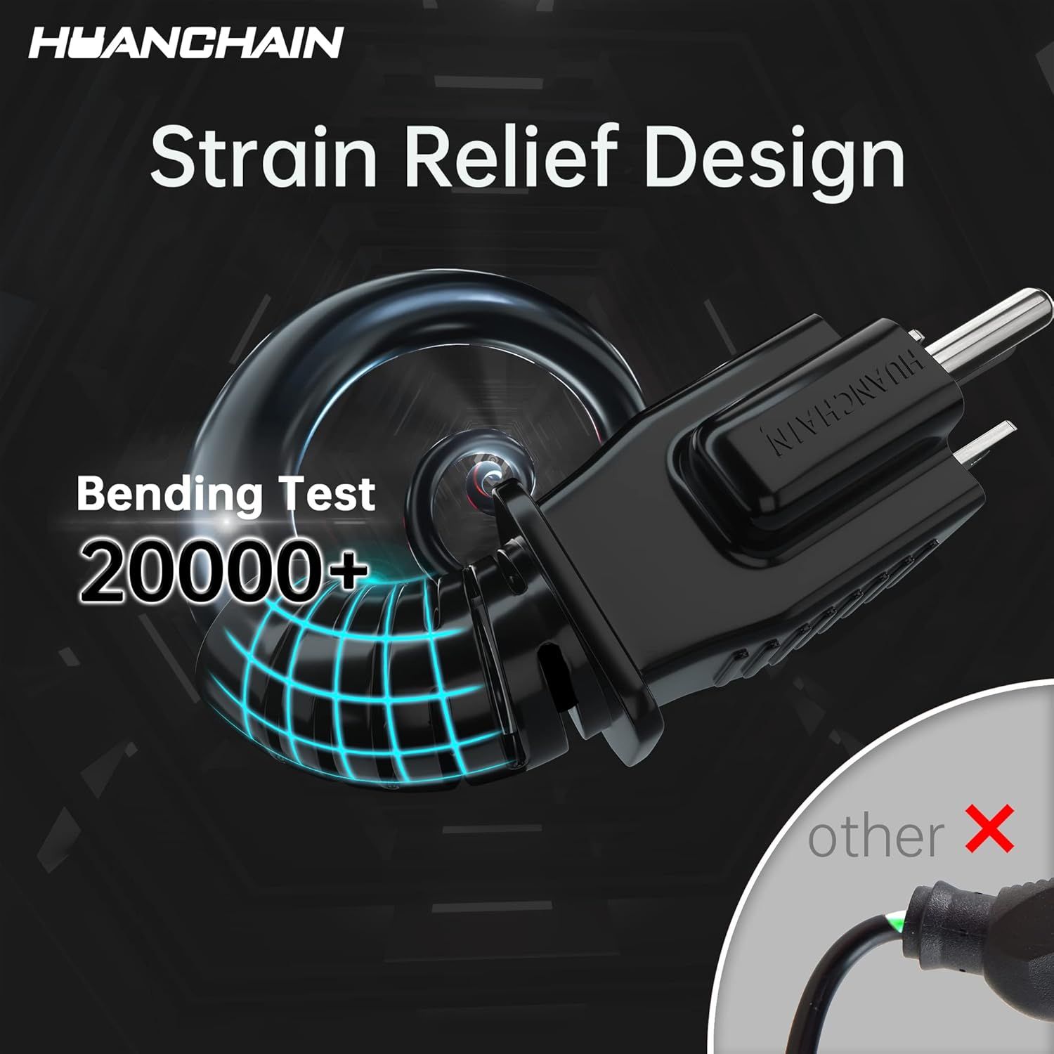 Communicates the product's exceptional durability by highlighting that it has passed 20,000+ bending tests, reassuring shoppers of its long-lasting quality…
