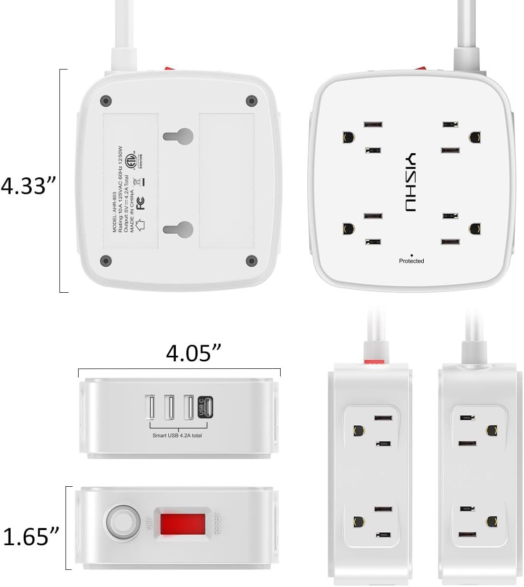 Communicates the exact physical size of the power strip using dimensional measurements to help shoppers understand how much space it will occupy.