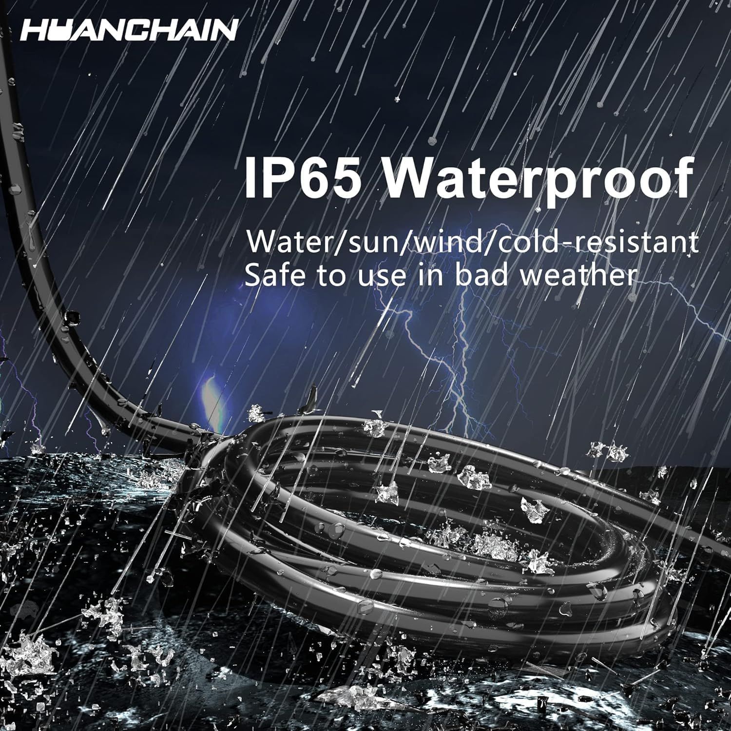 Communicates that the product is IP65 waterproof and can withstand harsh weather conditions including water, sun, wind, and cold, reassuring shoppers of its…