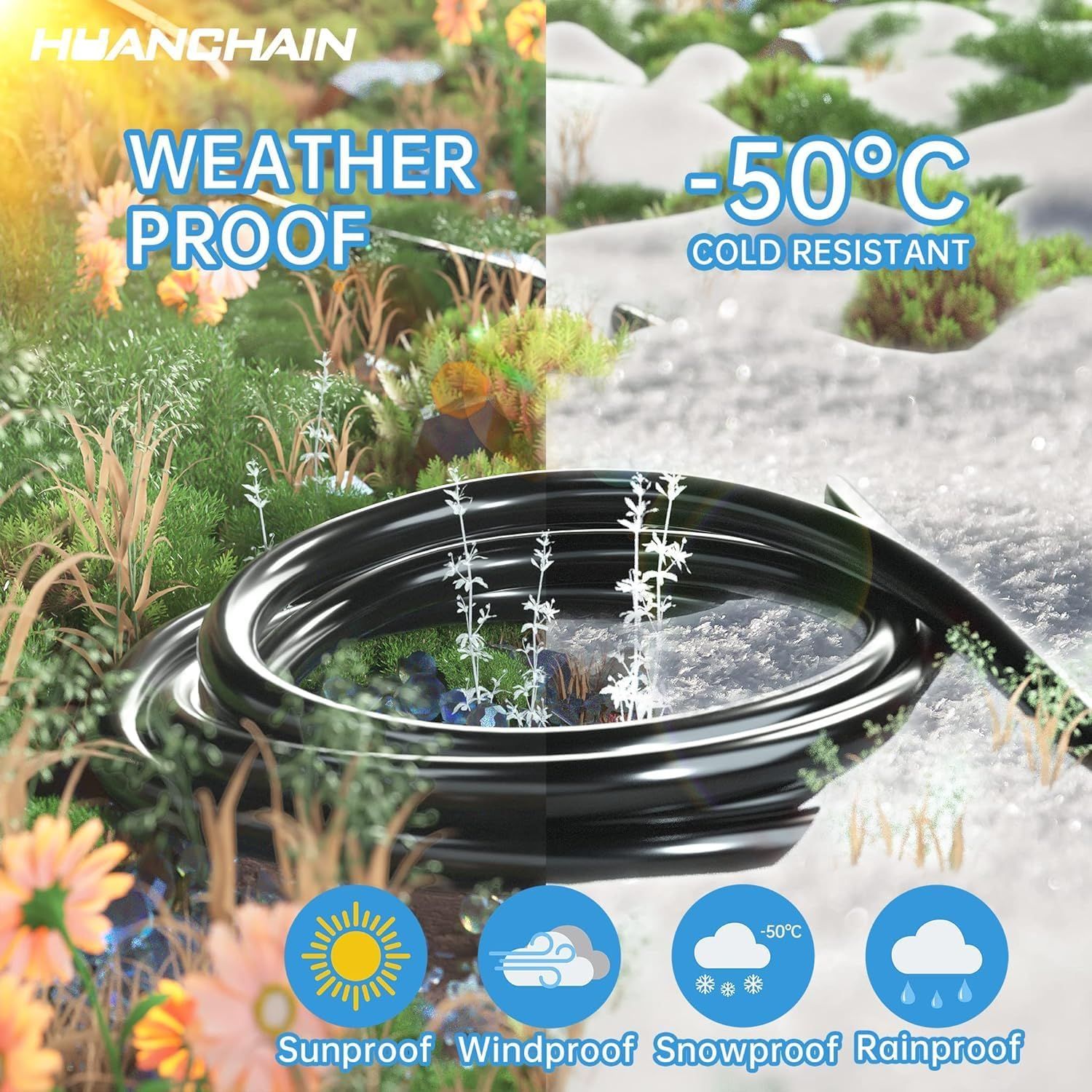 Communicates the product's comprehensive weather resistance across multiple extreme conditions, reassuring shoppers that it will perform reliably in sun,…