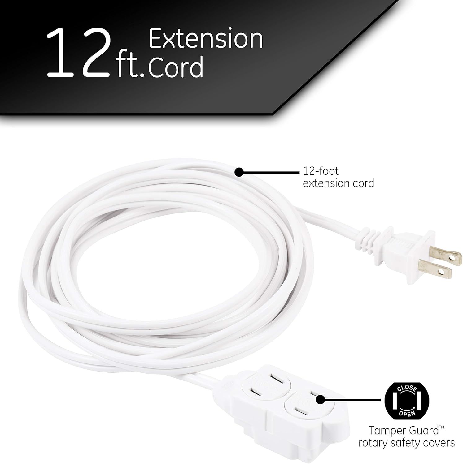 Highlights the key physical components of the extension cord—its 12-foot length and the Tamper Guard safety covers—to help shoppers understand what makes this…