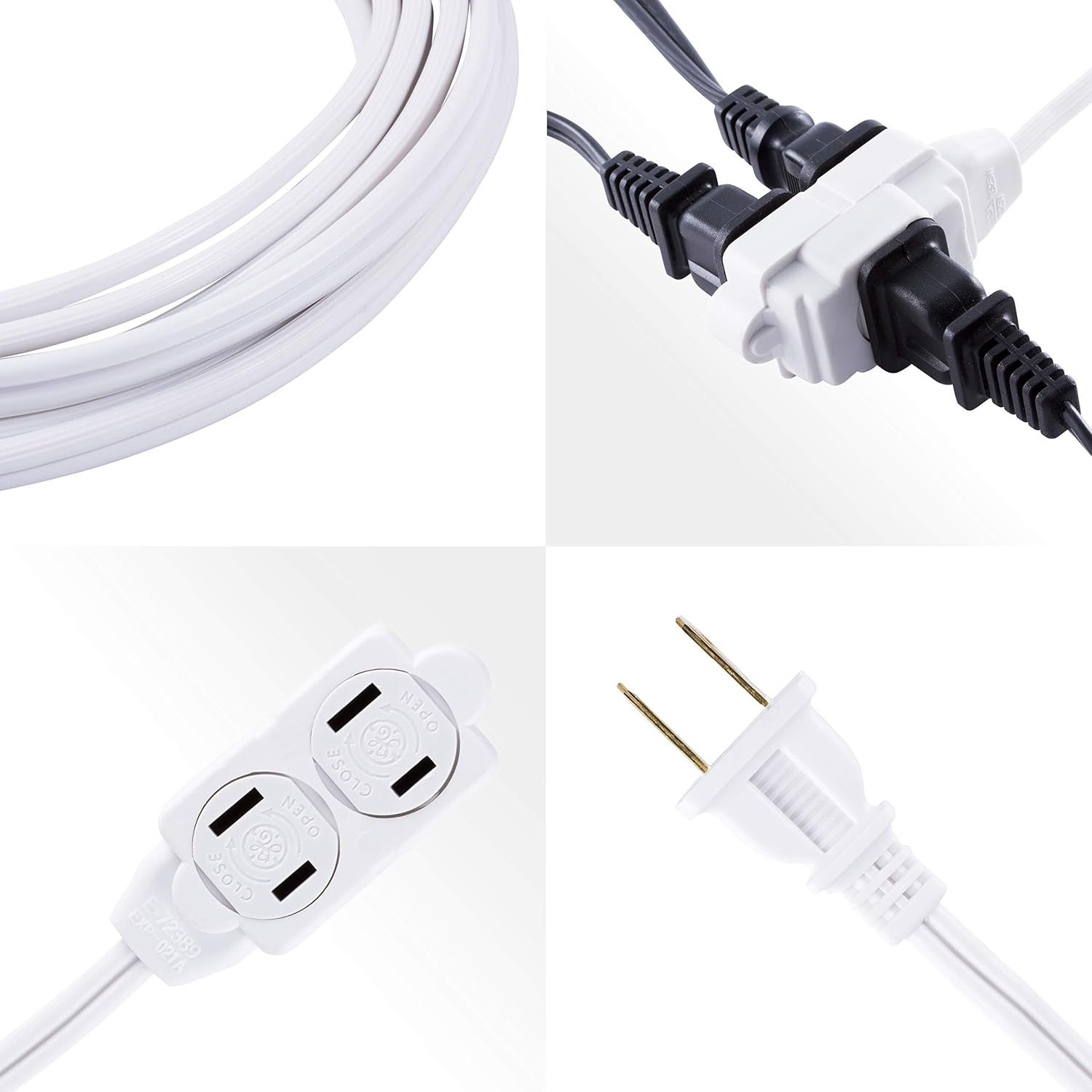 Highlights the physical components and construction of the power cable, showing the cable itself, the connectors, outlet ends, and plug design to help…