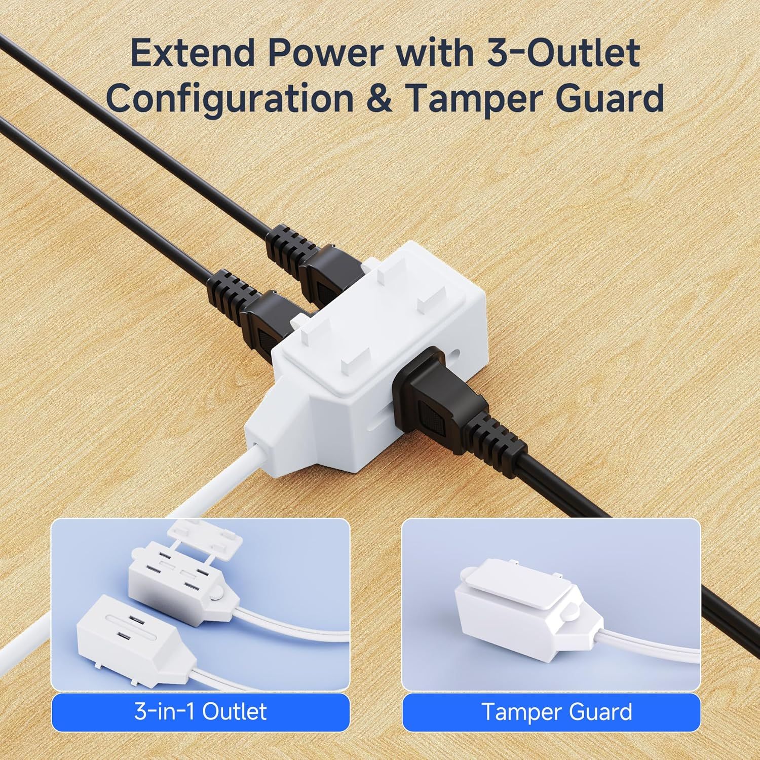 Communicates two distinct product benefits: the ability to extend power with a 3-outlet configuration and the safety feature of a tamper guard, reassuring…