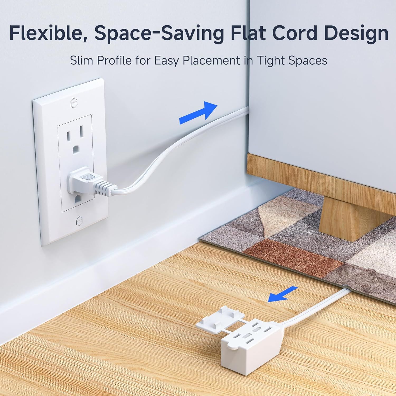 Demonstrates how the flat cord design allows the product to fit in tight spaces behind furniture and along walls, solving the problem of bulky cords in…