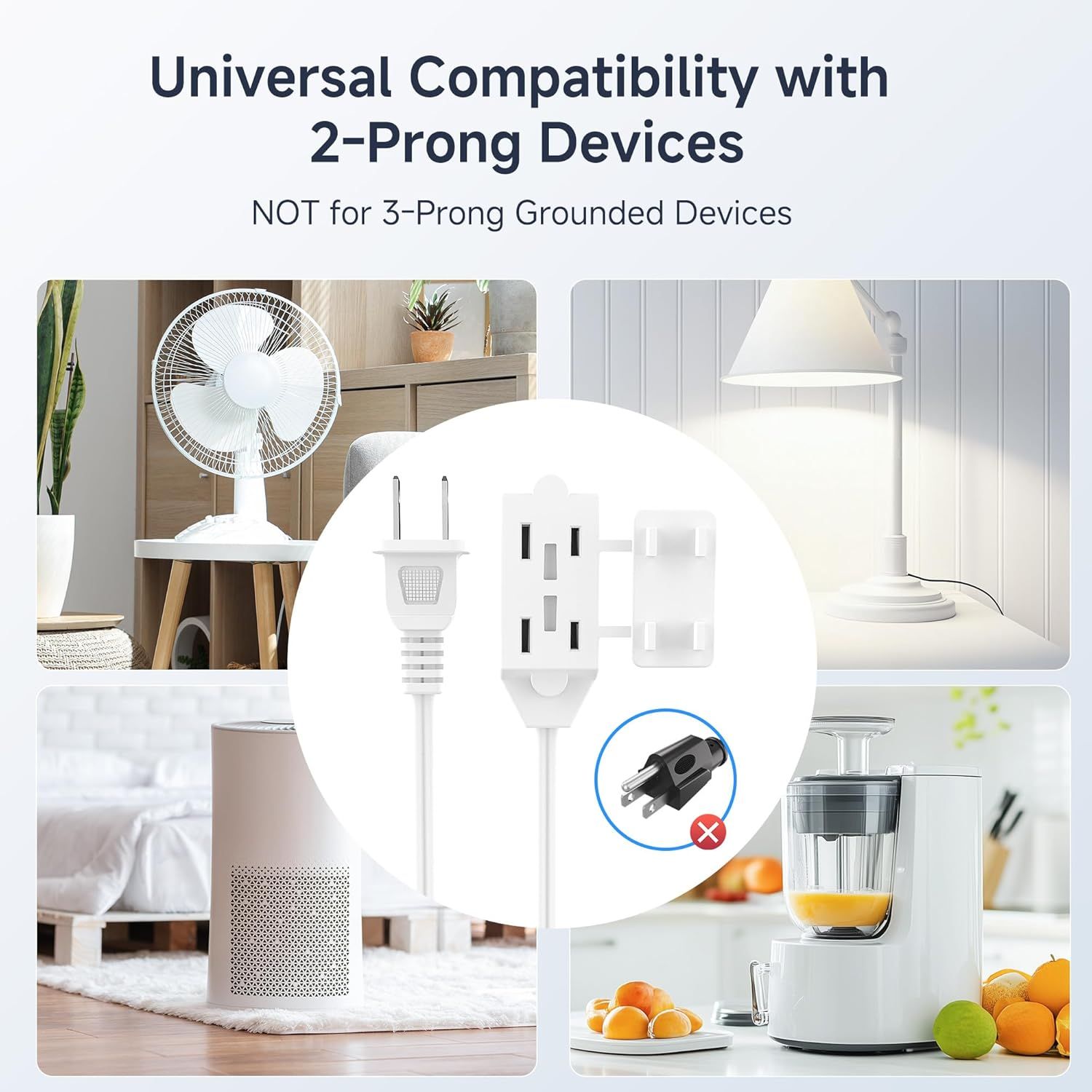 Demonstrates the multiple household devices and appliances that are compatible with the product, showing its versatility across fans, lamps, air purifiers,…