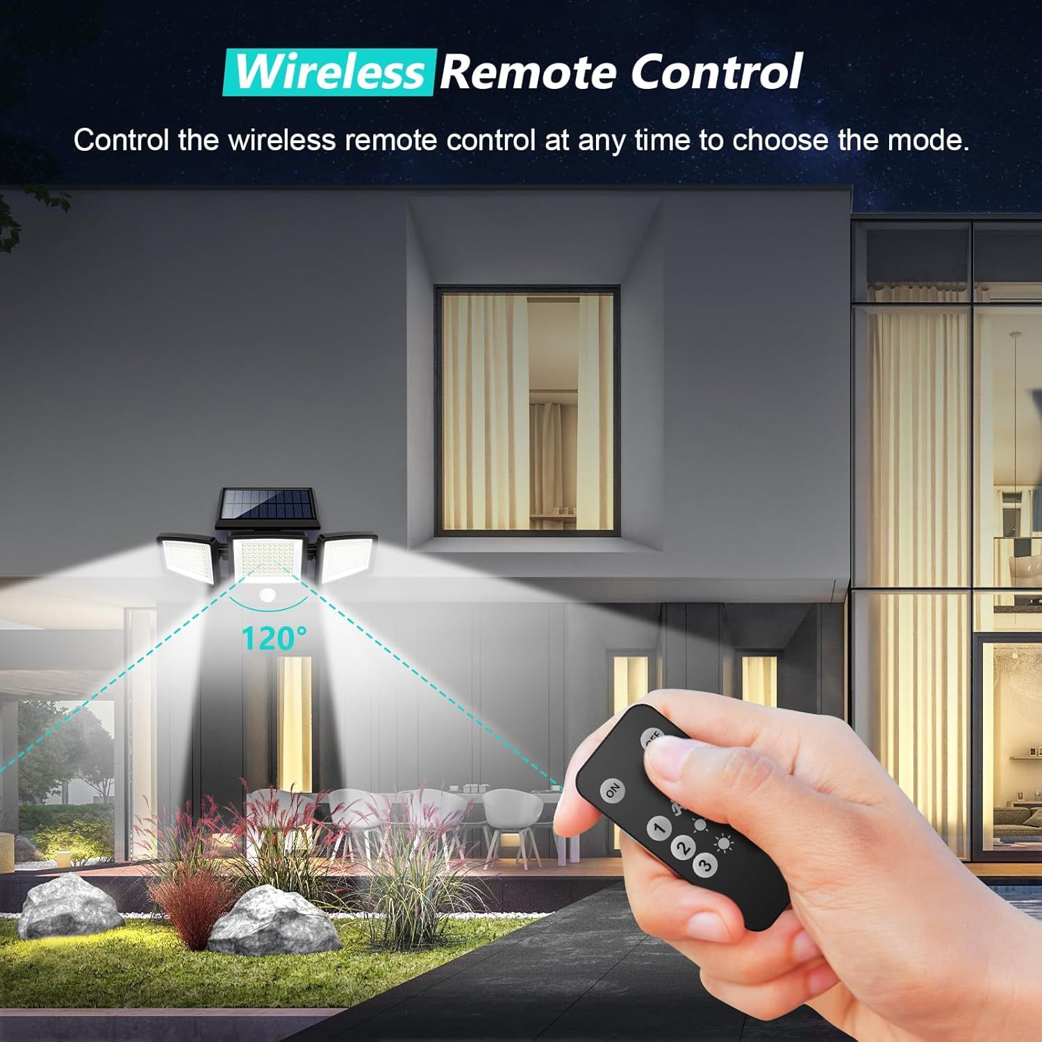 Demonstrates the convenience of controlling the solar security light wirelessly from anywhere using a remote control to select different modes.