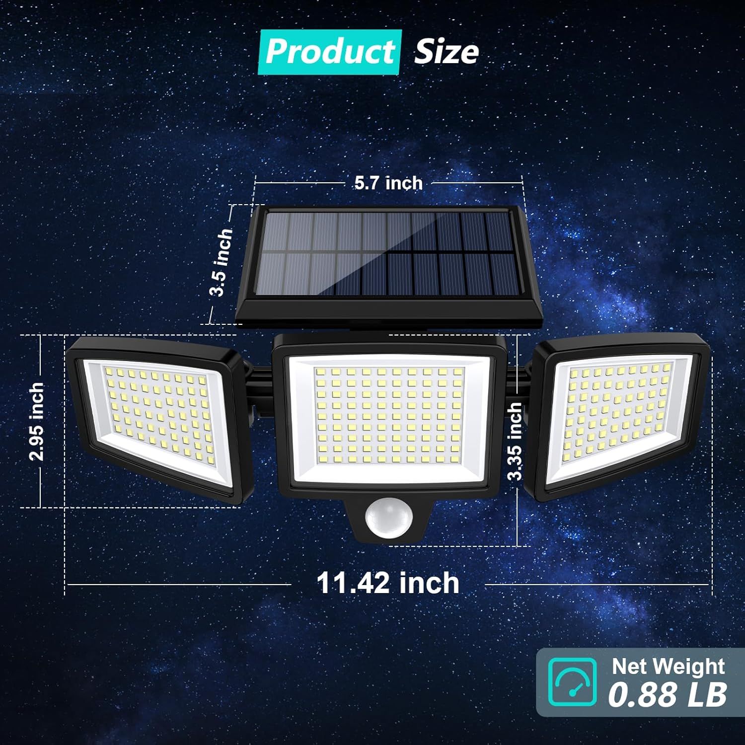 Communicates the exact physical dimensions (11.42 x 3.35 x 5.7 inches) and weight (0.88 LB) of the solar-powered light to help shoppers understand its size…