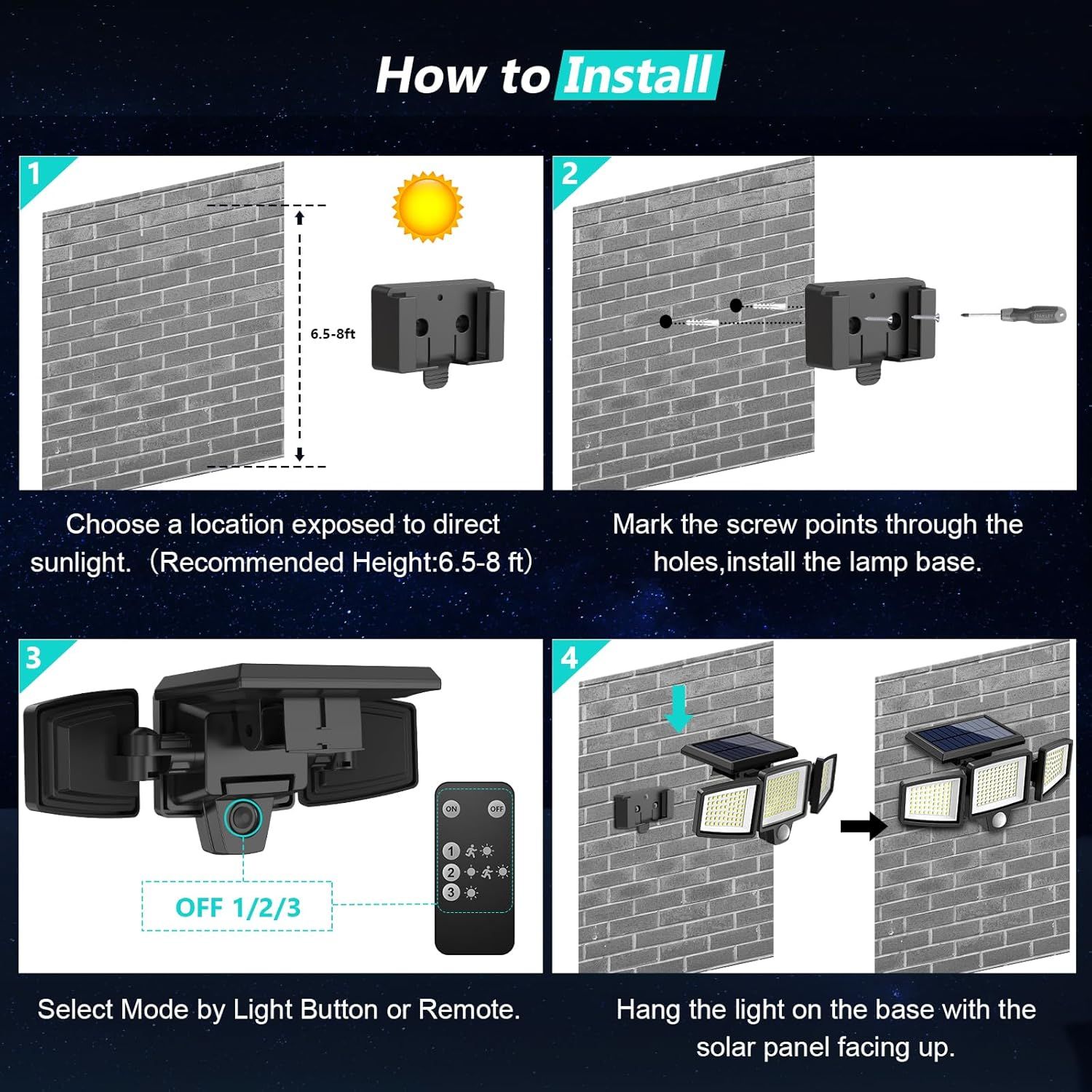 Provides step-by-step installation instructions for mounting and setting up the solar-powered outdoor light, showing shoppers exactly how to install the…