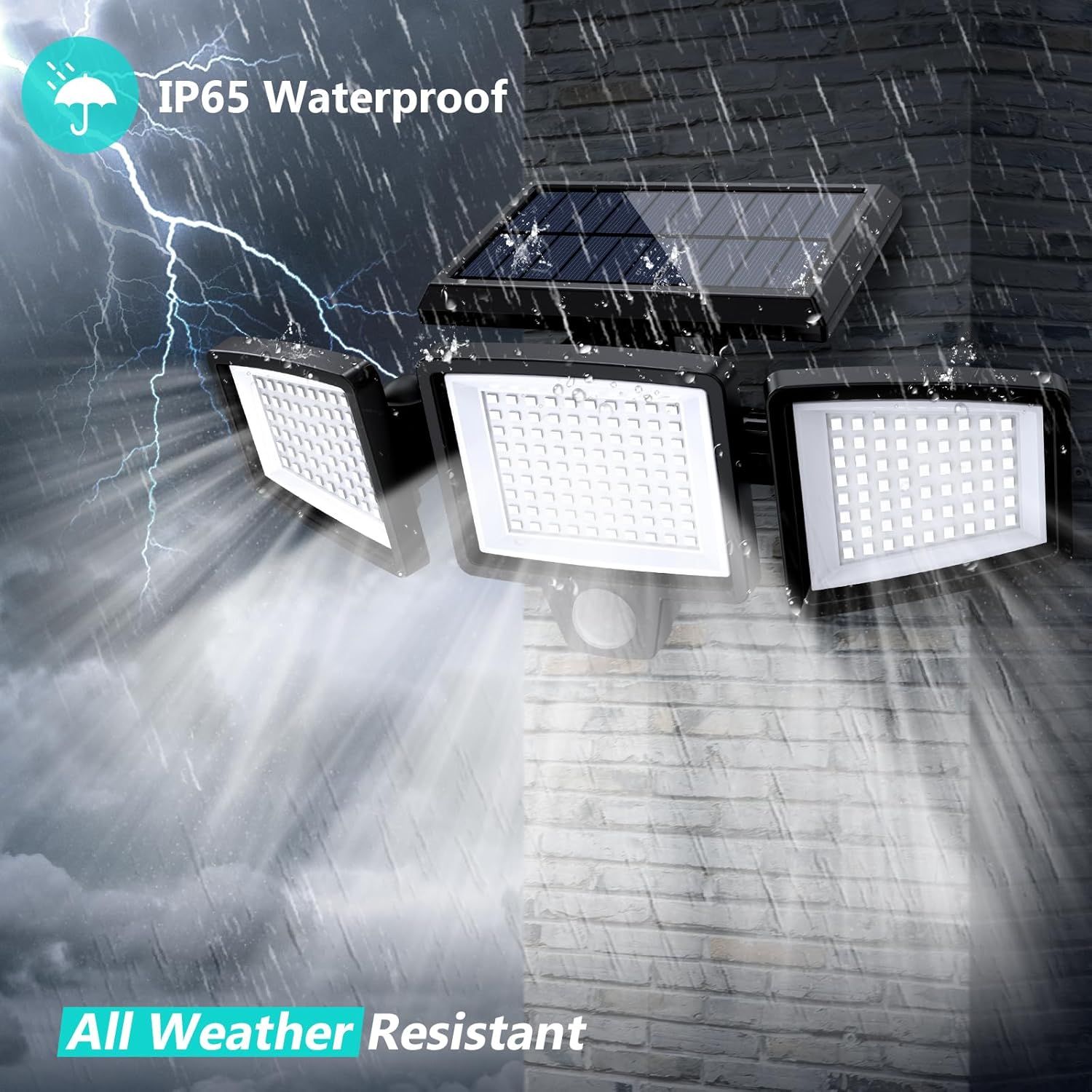 Demonstrates the product's waterproof and weather-resistant capabilities to reassure buyers that these solar LED lights can withstand harsh outdoor conditions…